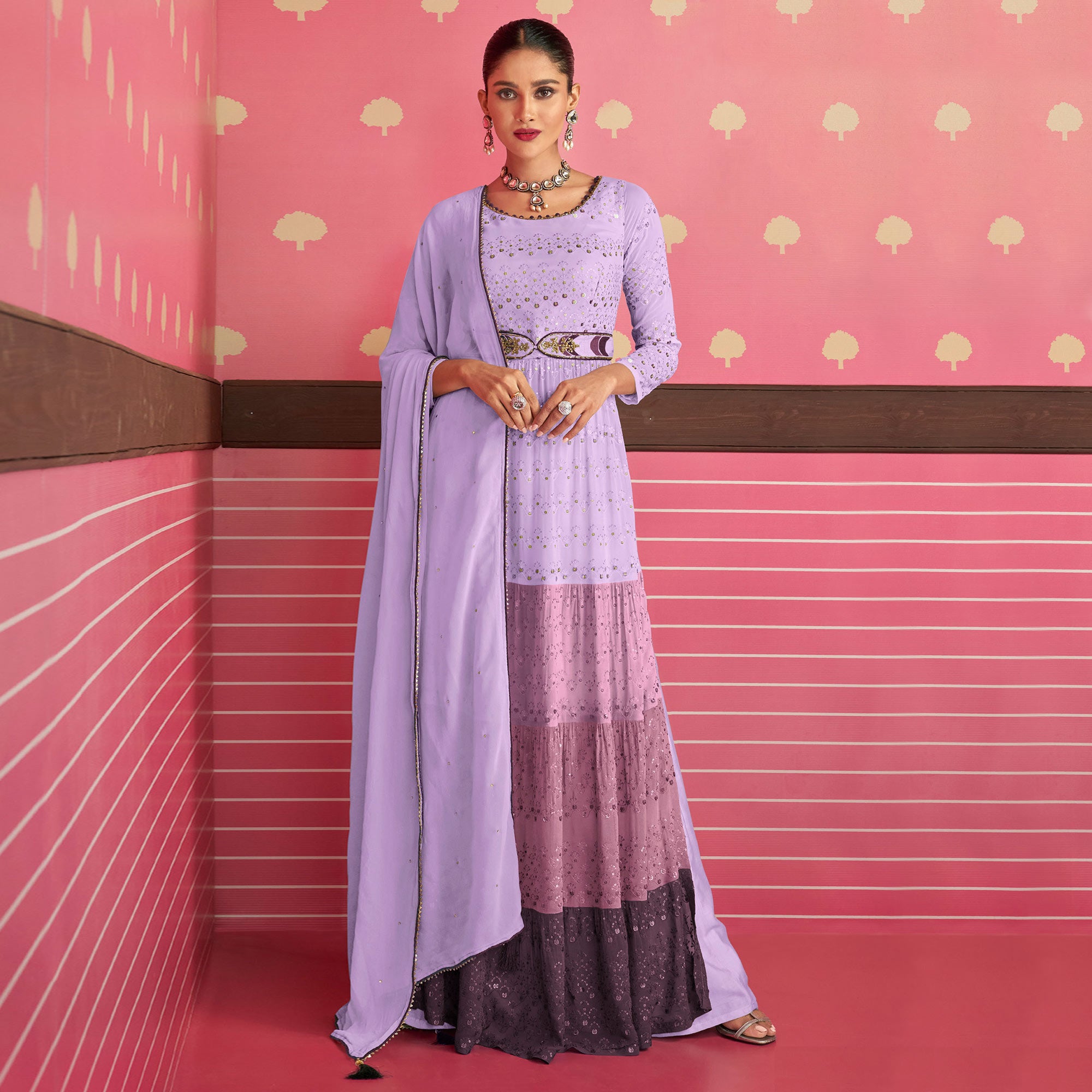 Violet Sequins Embroidered Georgette Naira Cut Suit