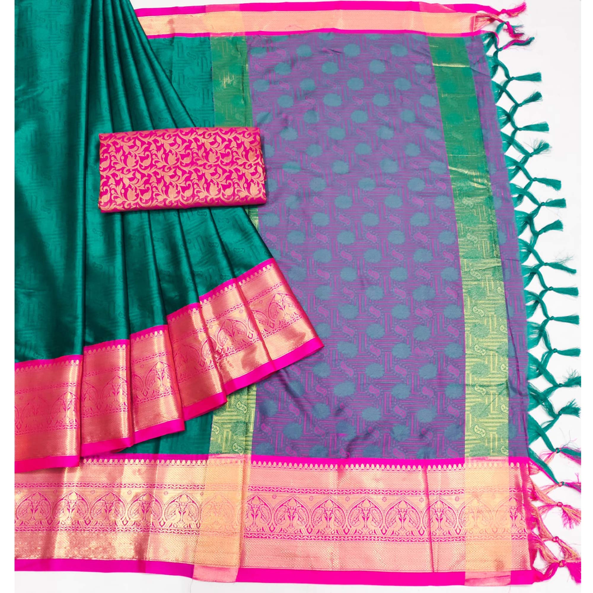 Rama Green Woven Cotton Silk Saree With Tassels