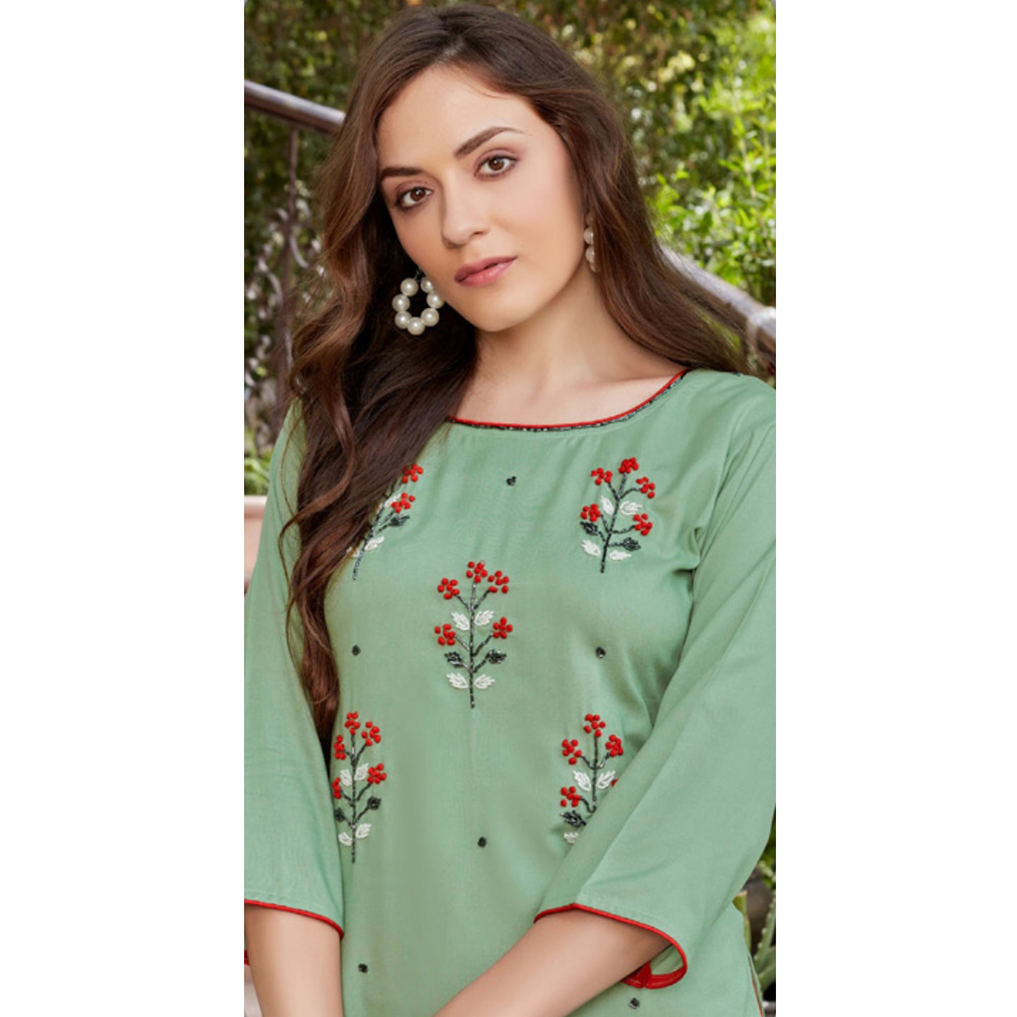 Green Embroidered Rayon Kurti