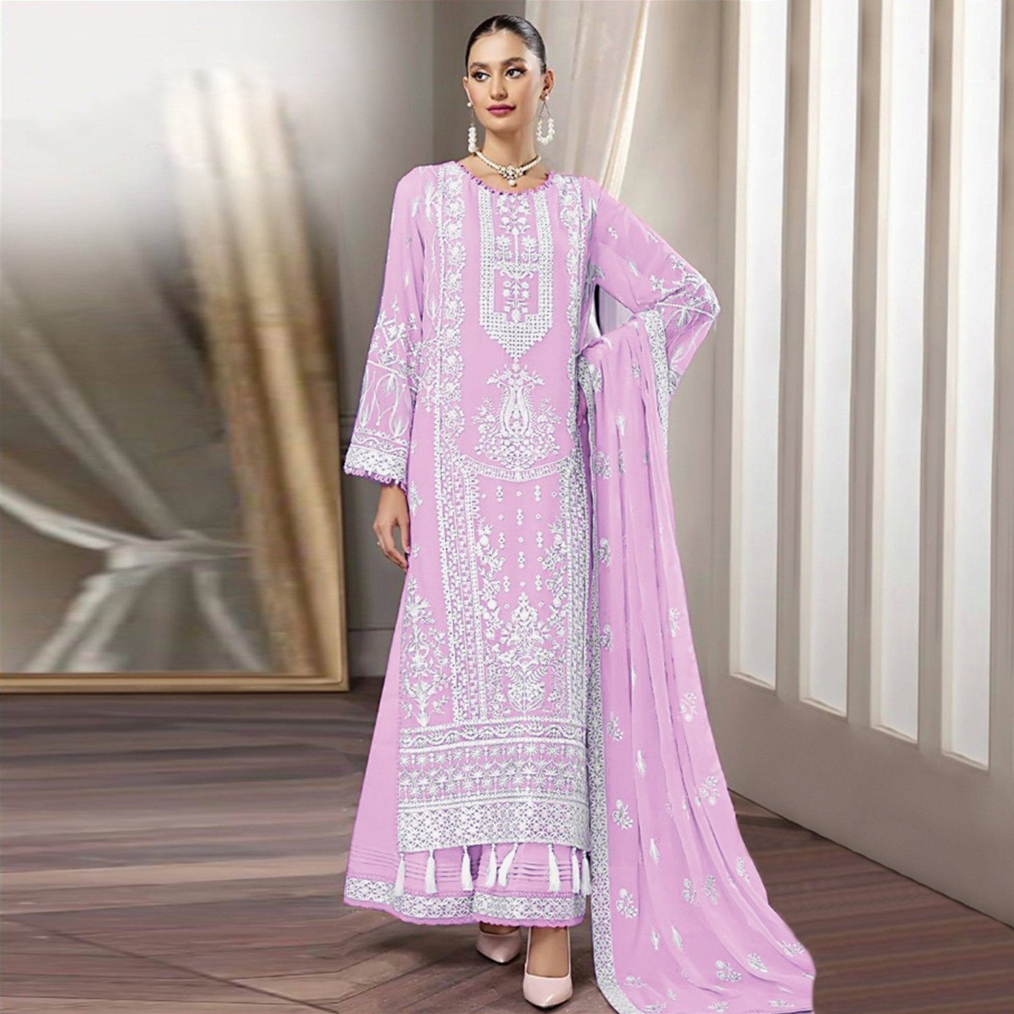 Pink Floral Embroidered Georgette Pakistani Suit