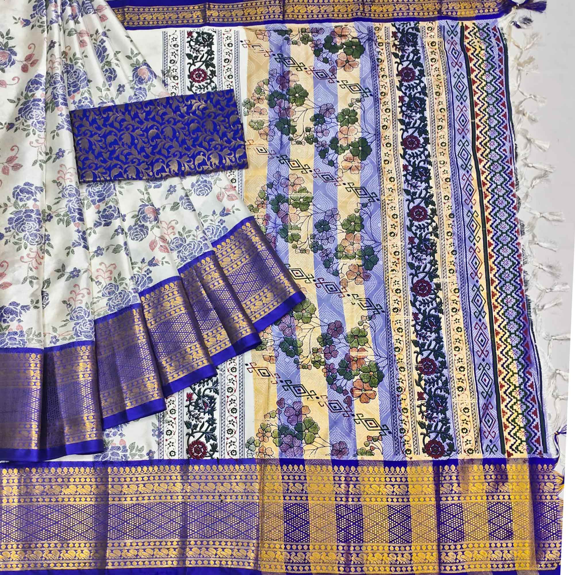 White And Royal Blue Floral Printed With Woven Cotton Silk Saree