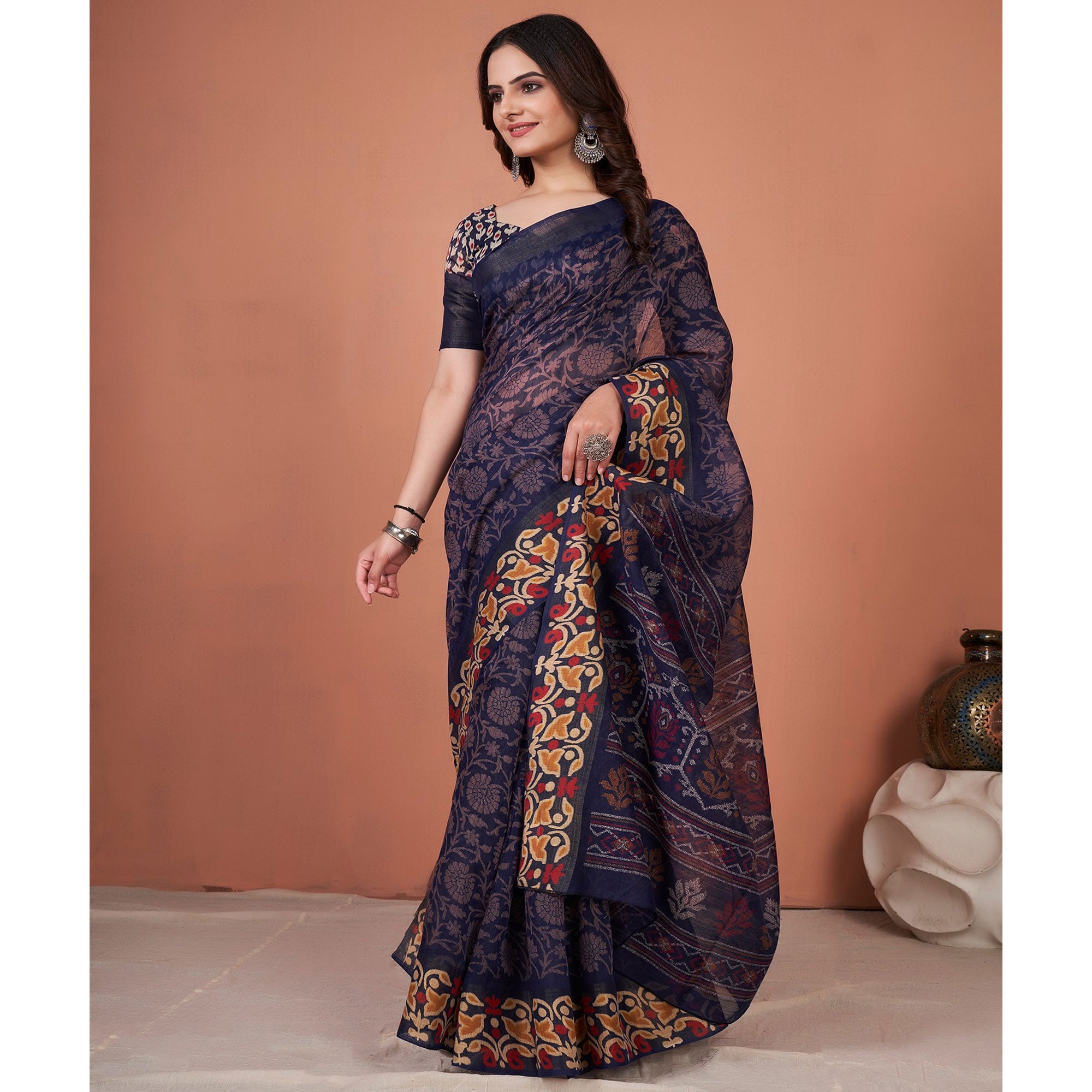 Navy Blue Floral Printed Cotton Saree With Tassels