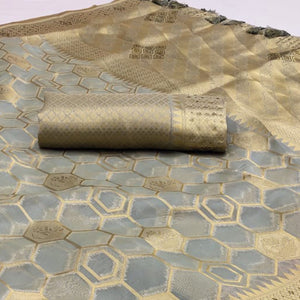 Grey Woven Art Silk Saree With Tassels