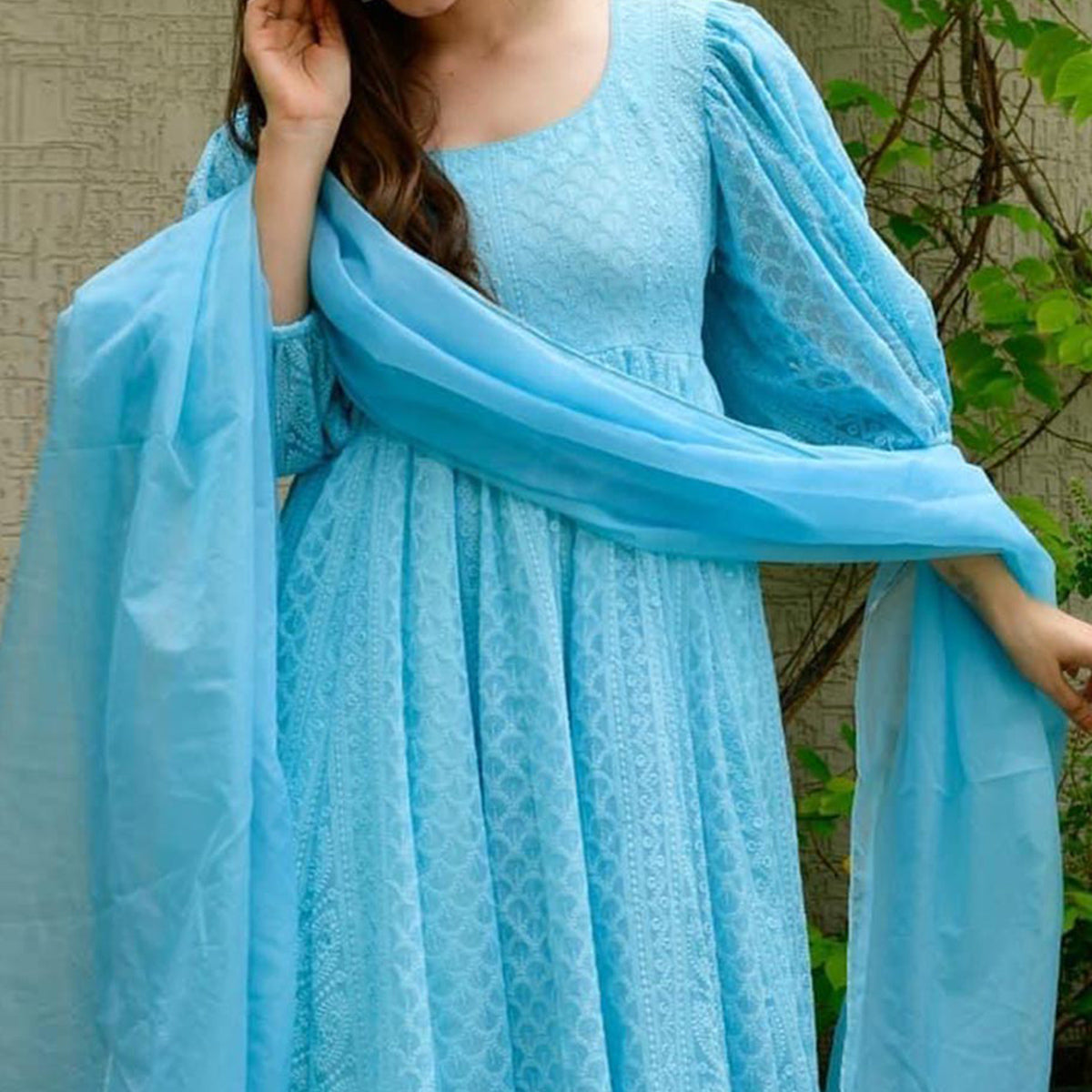 Blue Lucknowi Chikankari Work Georgette Anarkali Suit