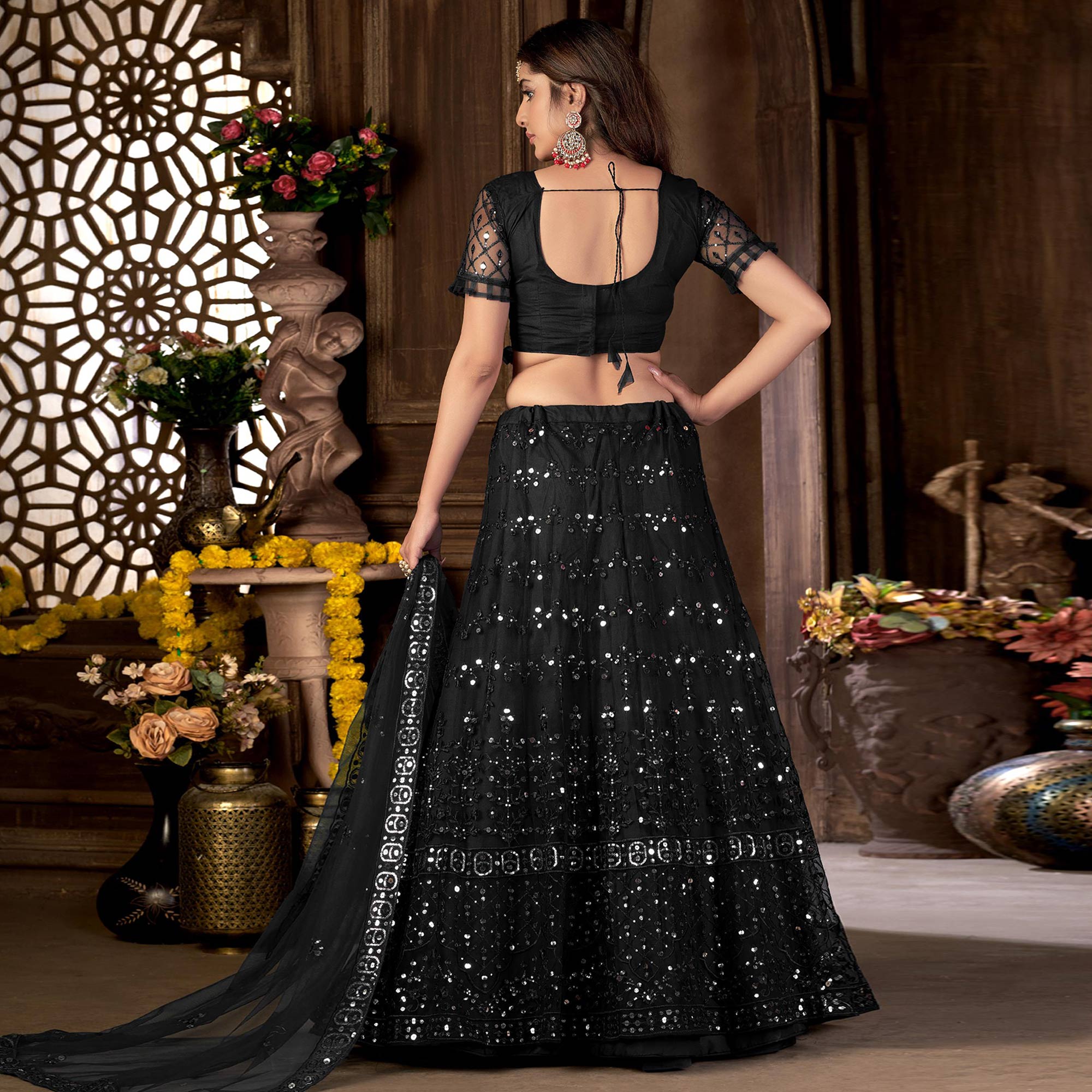 Black Sequins Embroidered Net Lehenga Choli