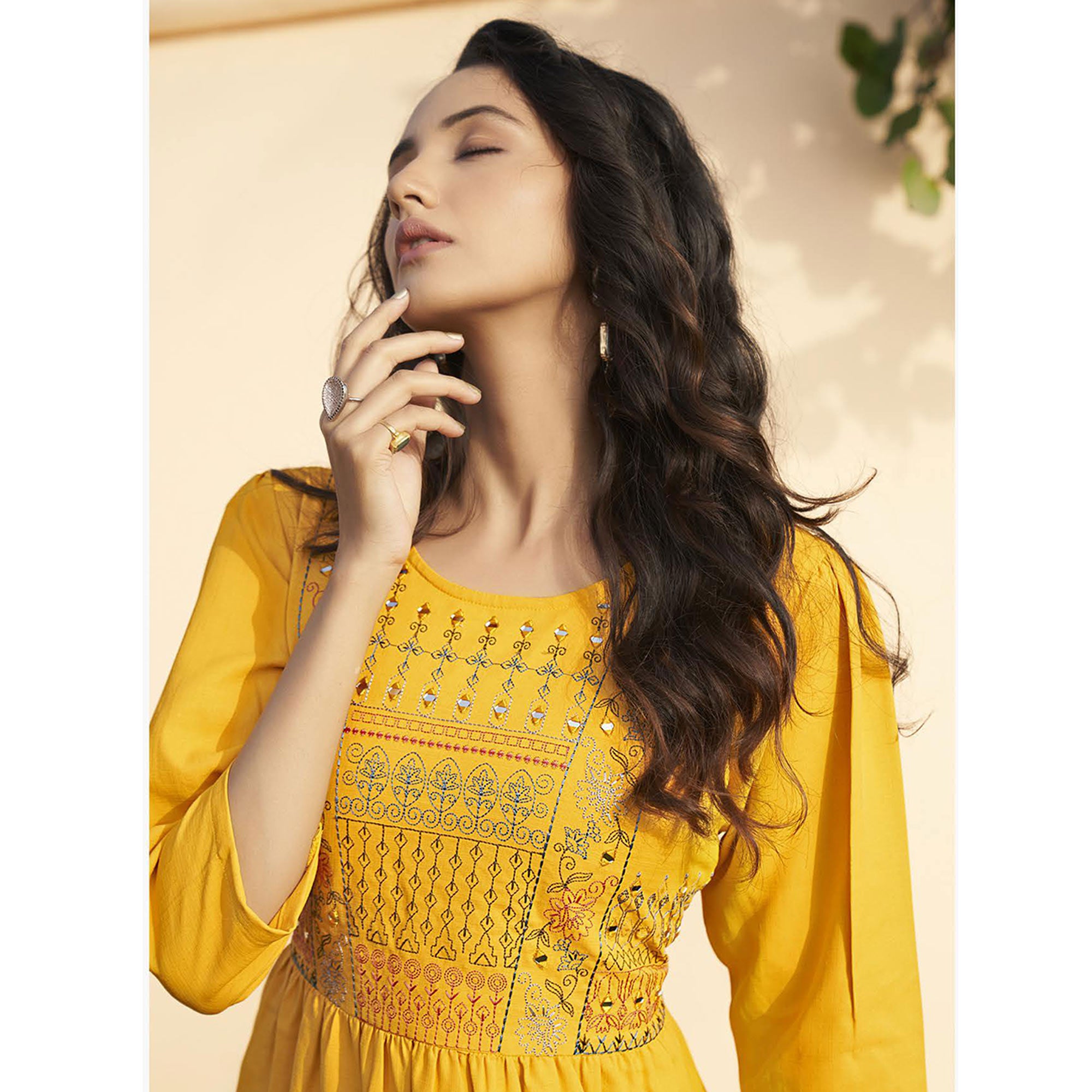 Yellow Embroidered Rayon Short Dress