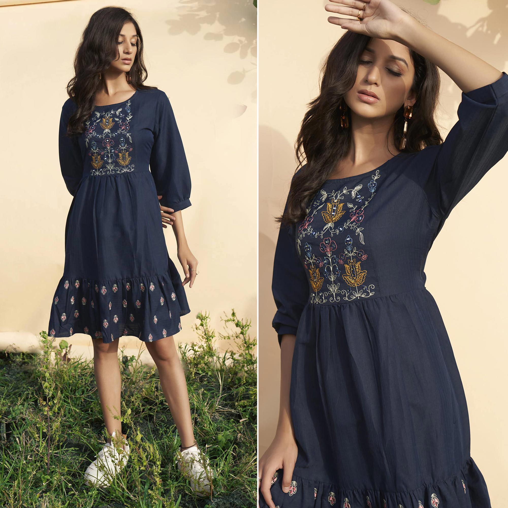 Navy Blue Embroidered Rayon Short Dress