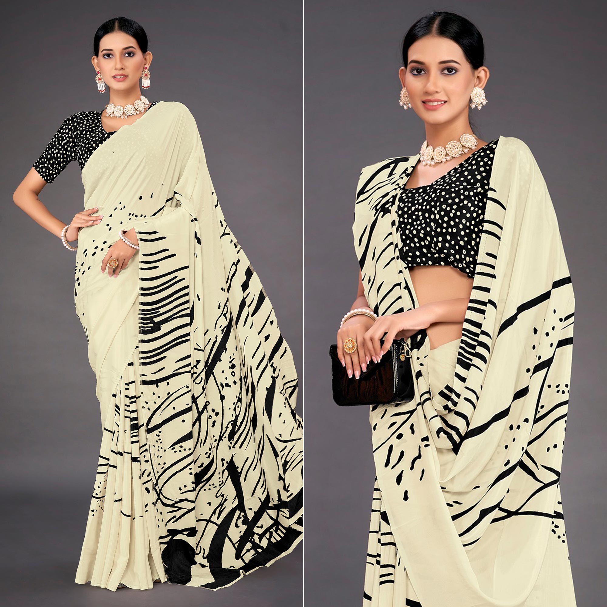 Off White Digital Printed Crepe Saree