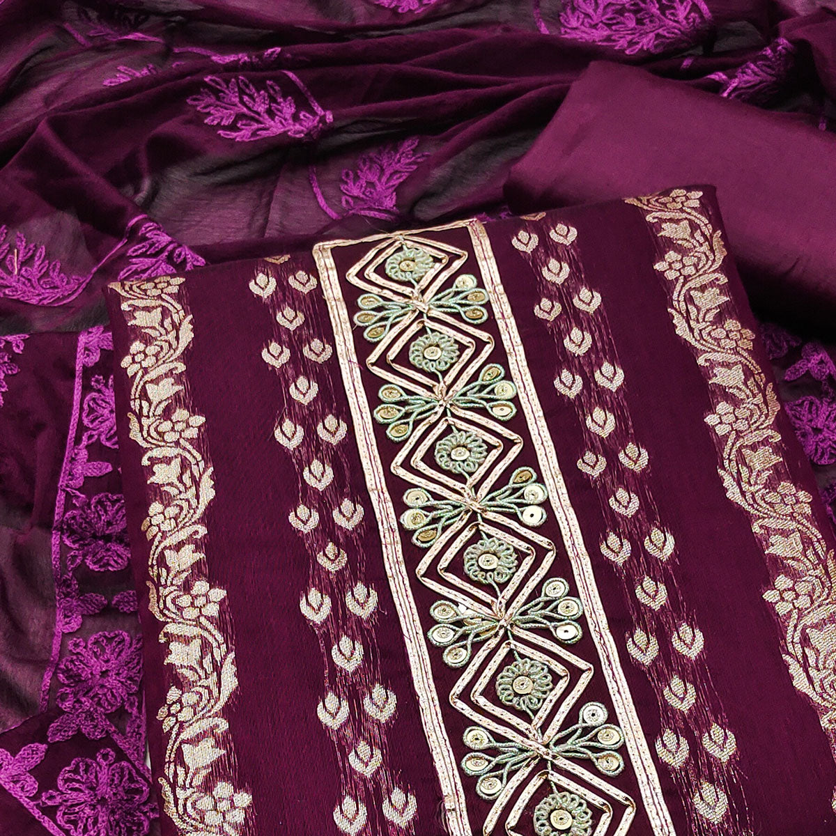 Wine Woven Banarasi Silk Dress Material