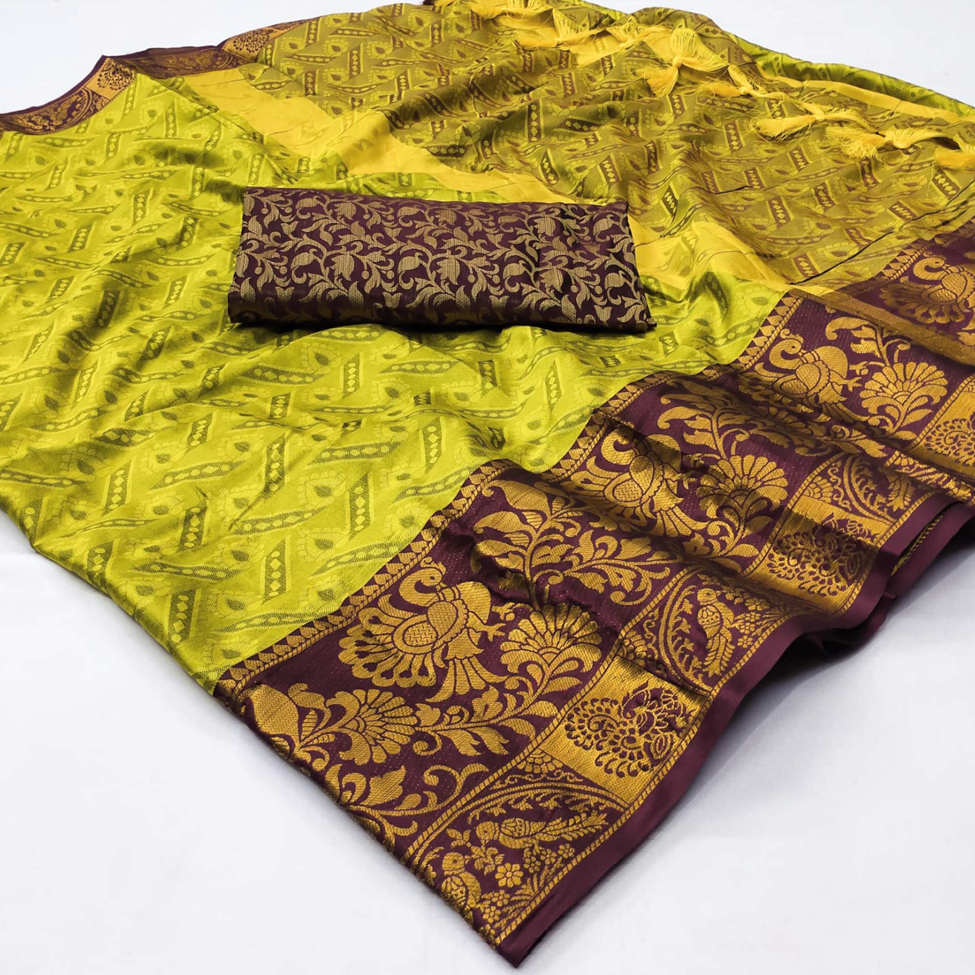 Lemon Green Woven Cotton Silk Saree With Tassels