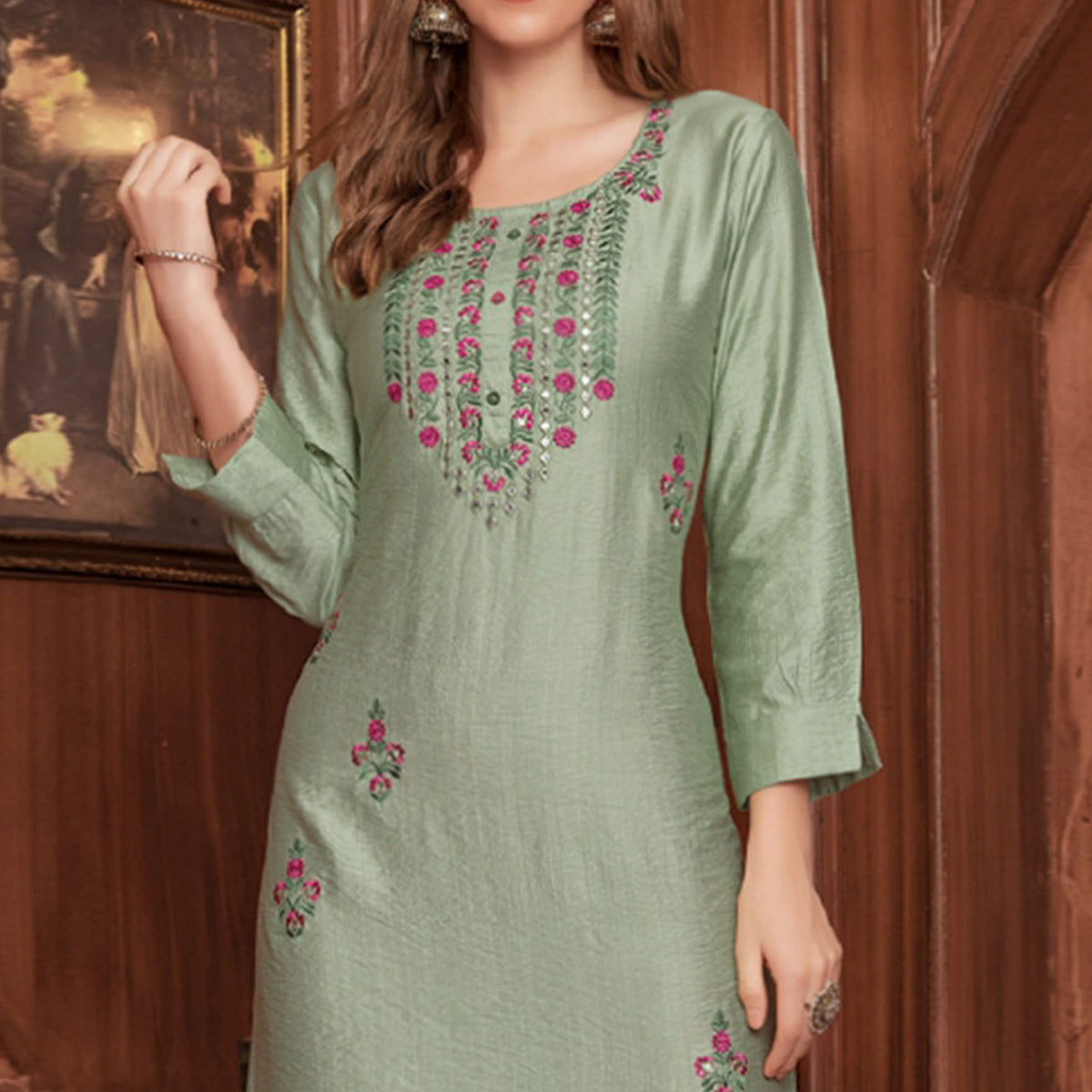 Green Floral Embroidered Rayon Kurti