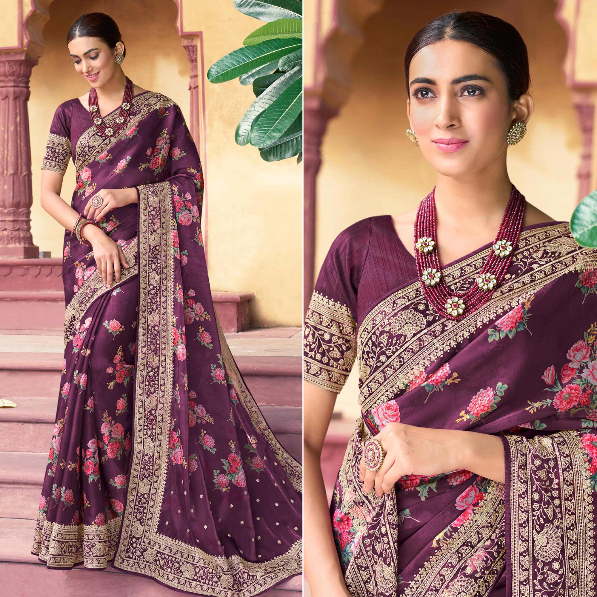 Wine Floral Printed With Embroidered Organza Saree