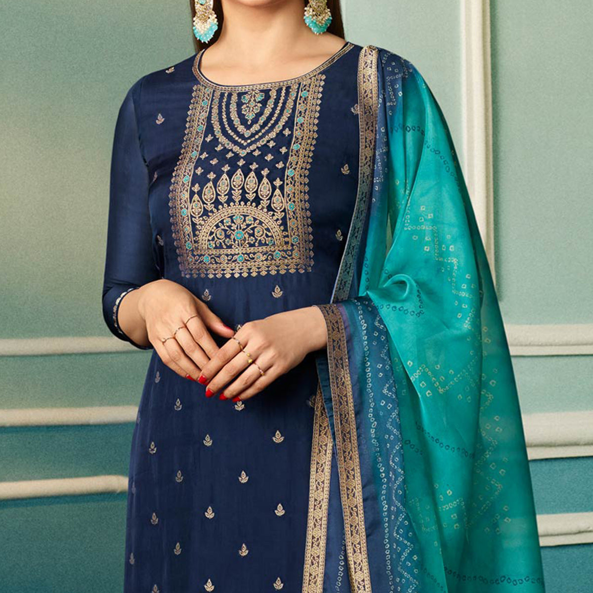 Blue Floral Woven Organza Salwar Suit
