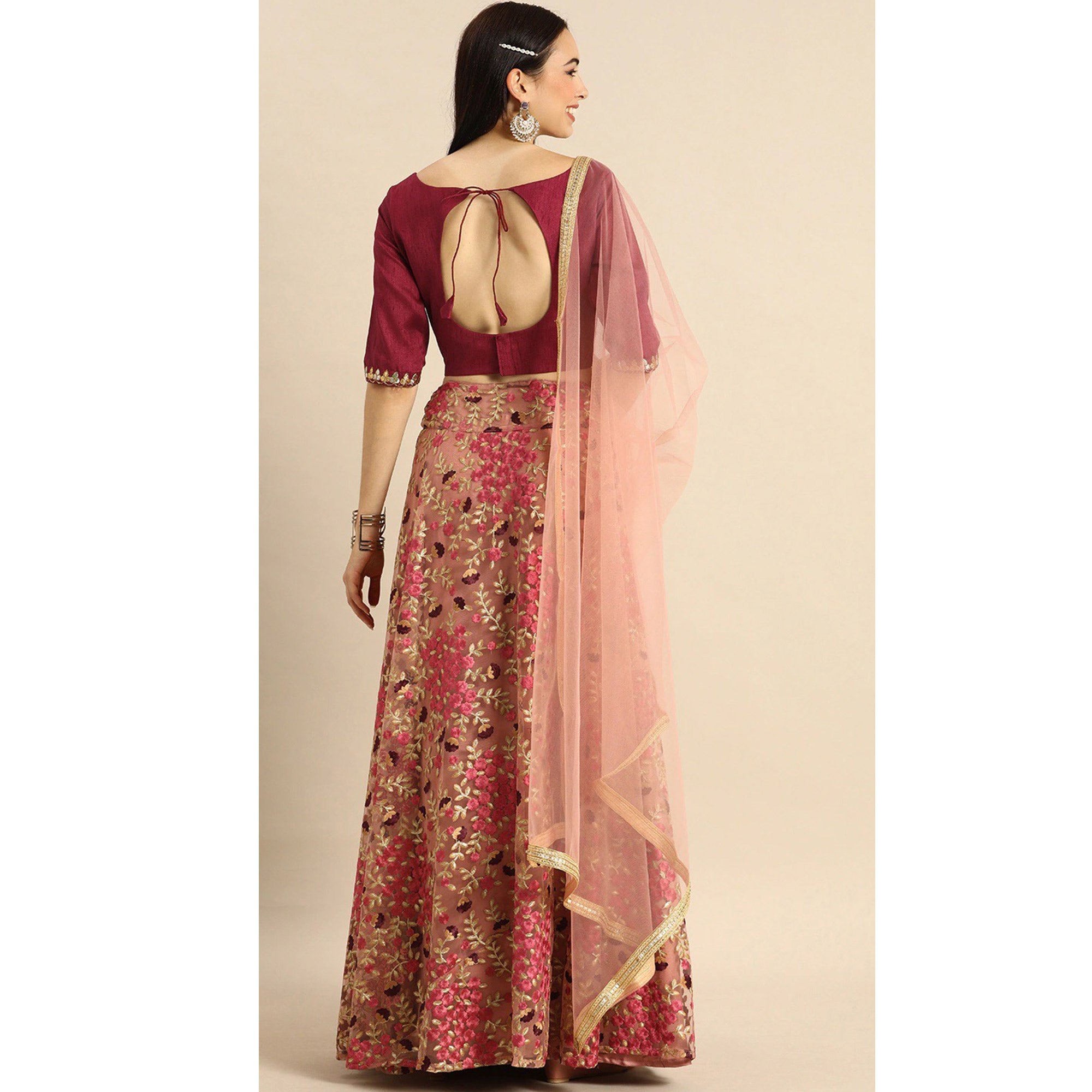 Peach Floral Embroidered Netted Lehenga Choli