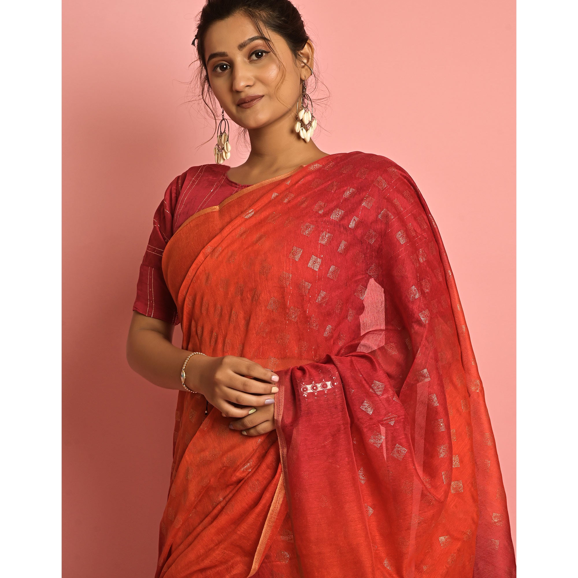 Orange & Red Foil Printed Cotton Blend Saree