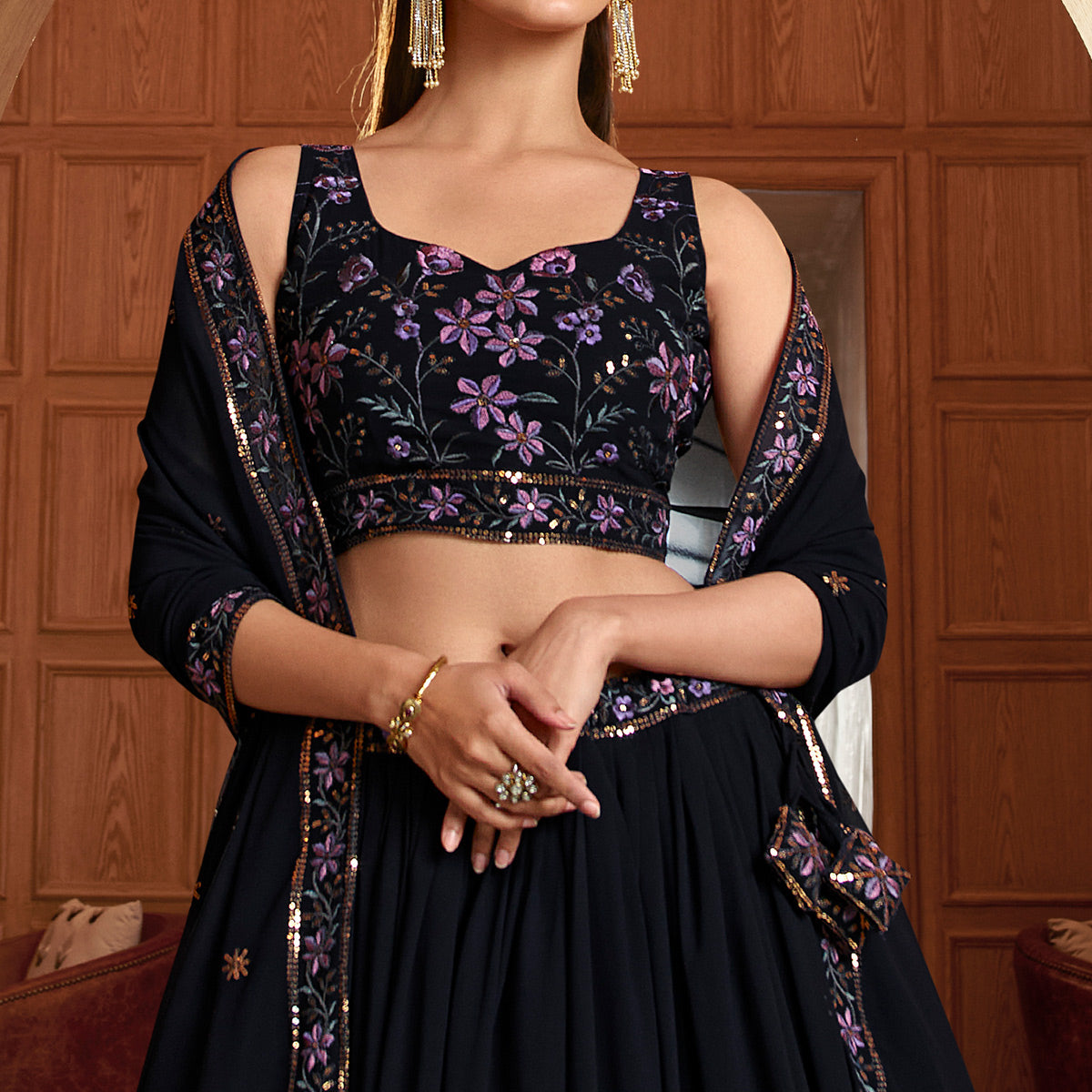 Navy Blue Sequins Embroidered Georgette Lehenga Choli