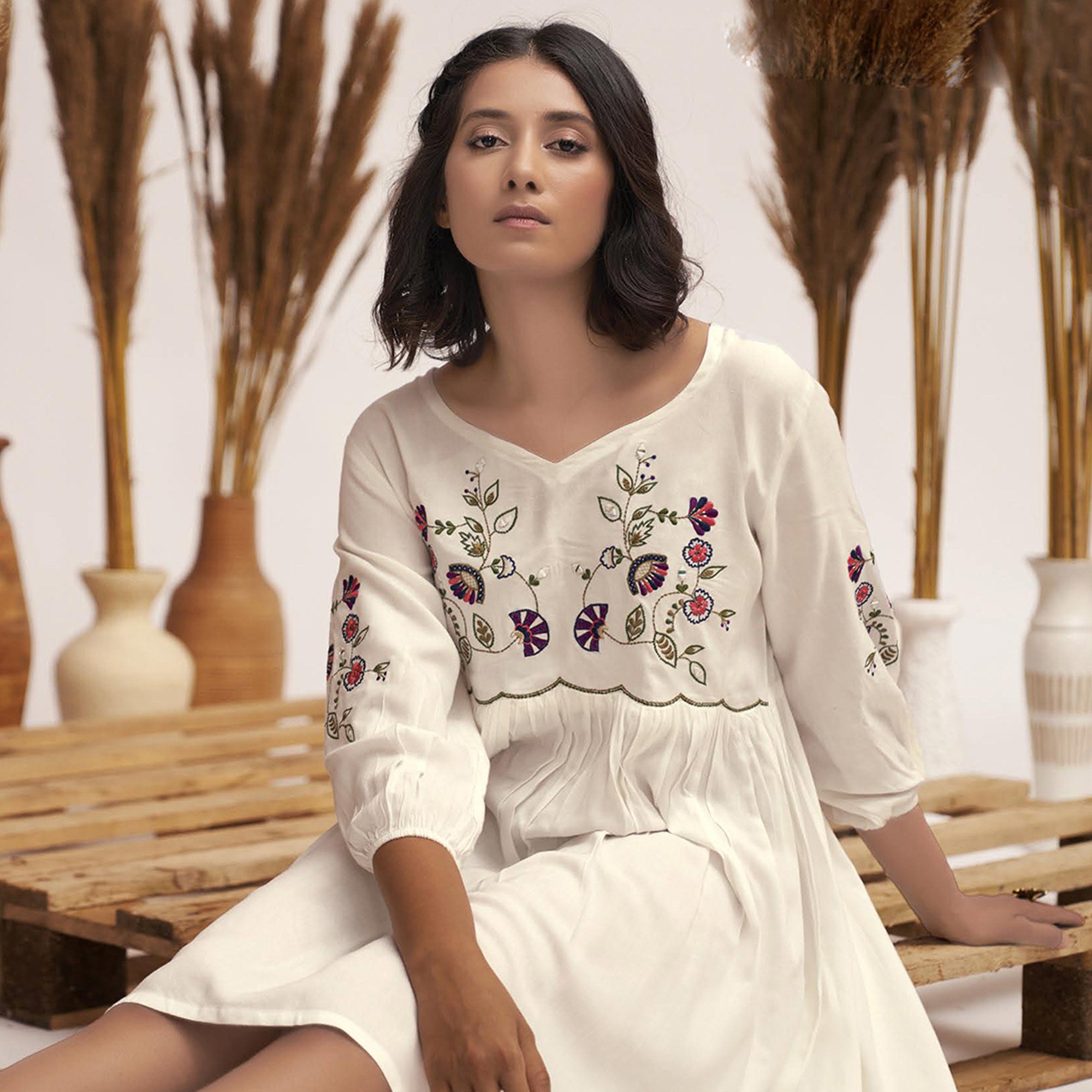 White Floral Embroidered Rayon Short Dress