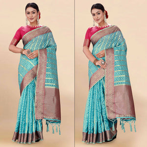Blue Woven Organza Saree With Tassels