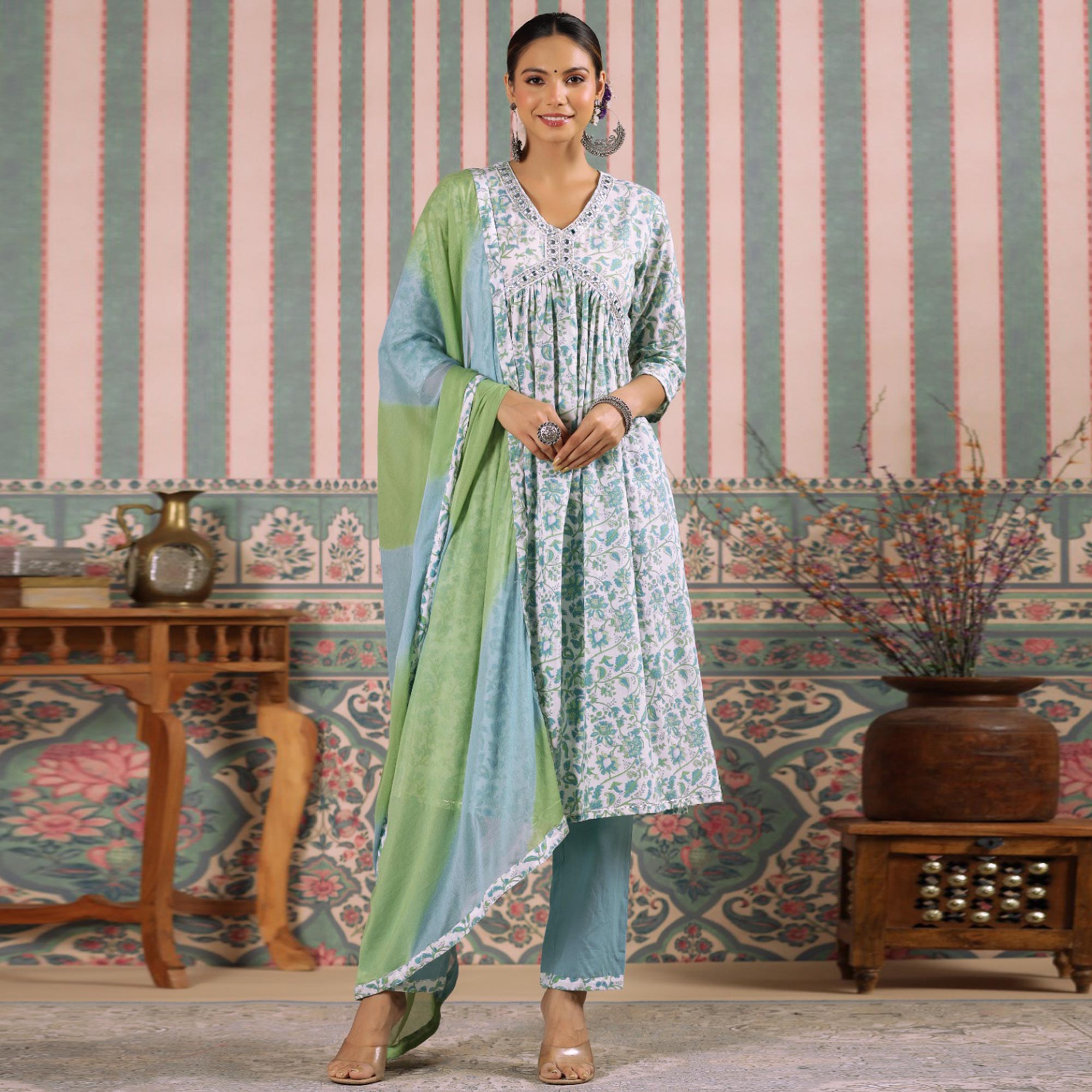 Aqua Blue Floral Printed Pure Cotton Alia Cut Suit