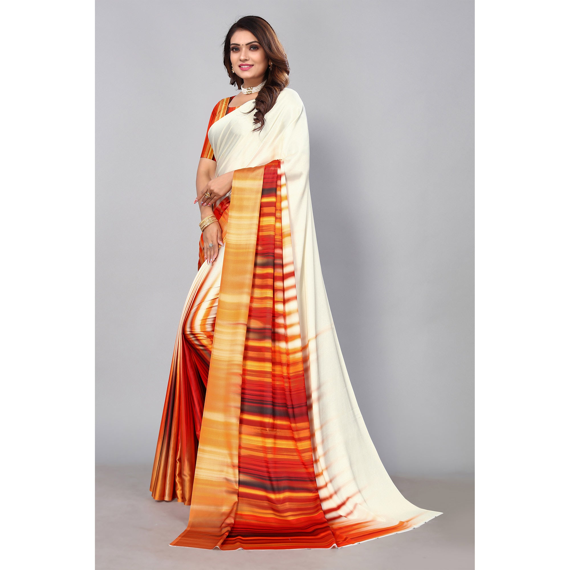 Cream Digital Printed Satin Saree