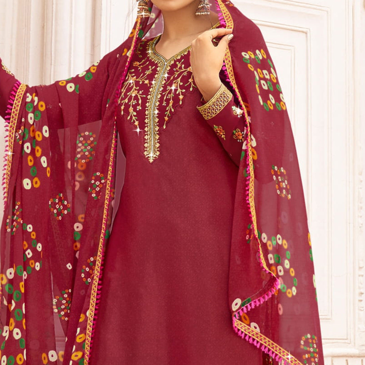 Red Floral Embroidered Crepe Patiala Suit