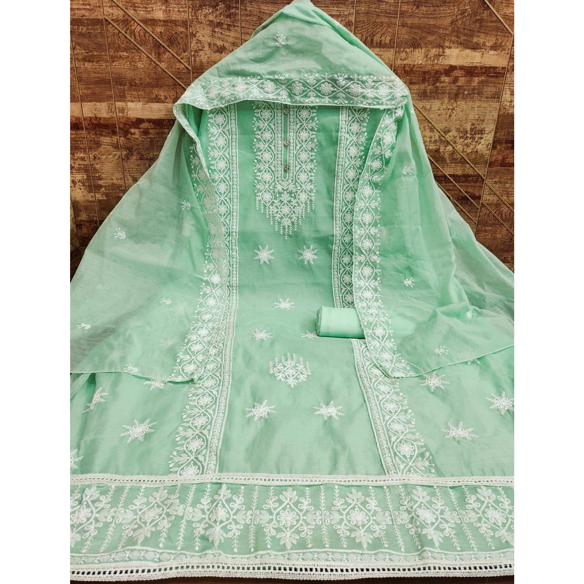Sea Green Floral Embroidered Chanderi Dress Material