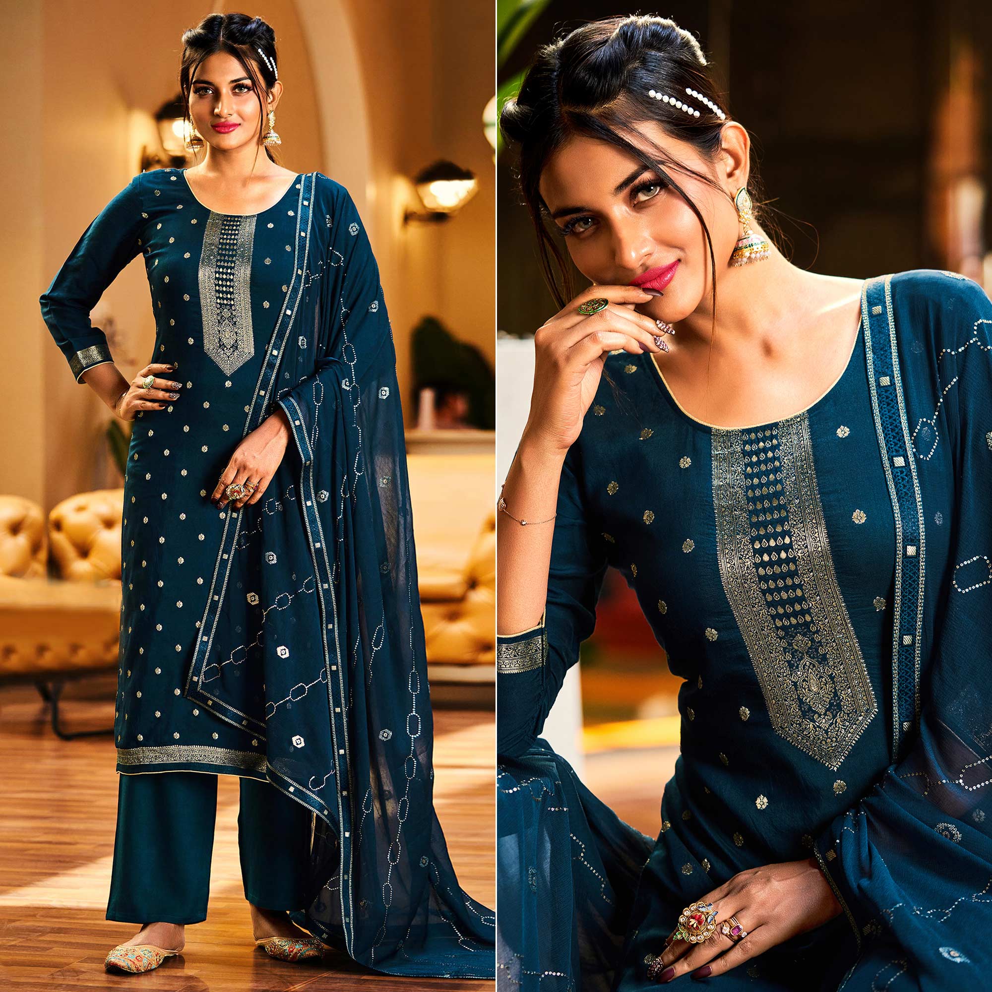 Blue Woven Muslin Palazzo Suit