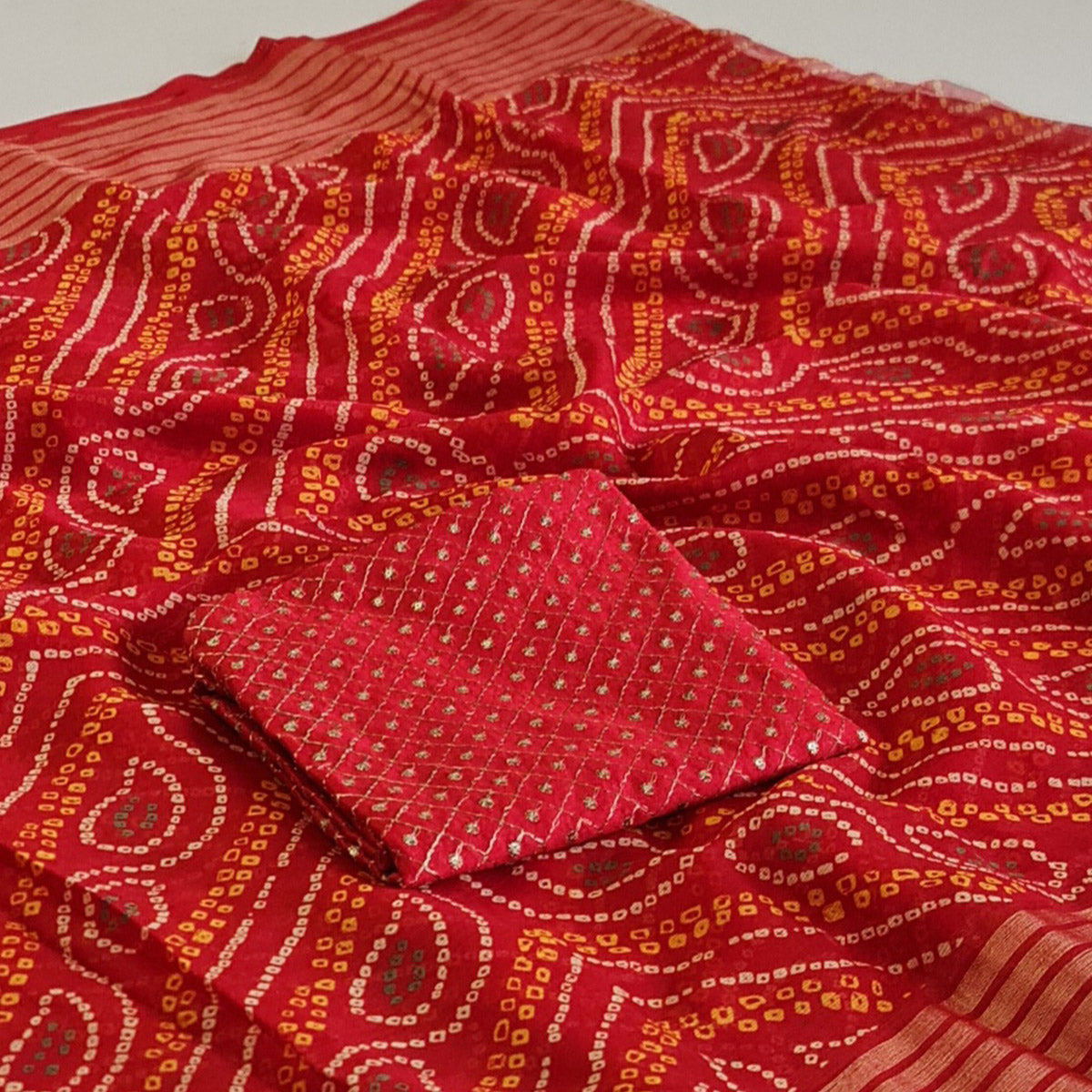 Red Bandhani Printed Chiffon Saree