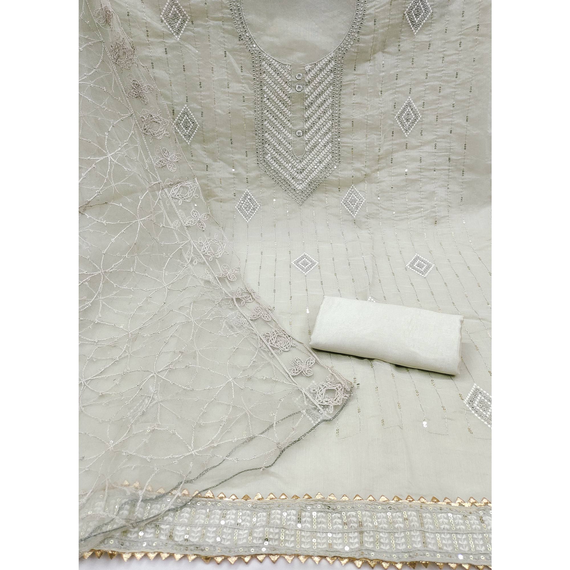 Grey Sequins Embroidered Chanderi Dress Material