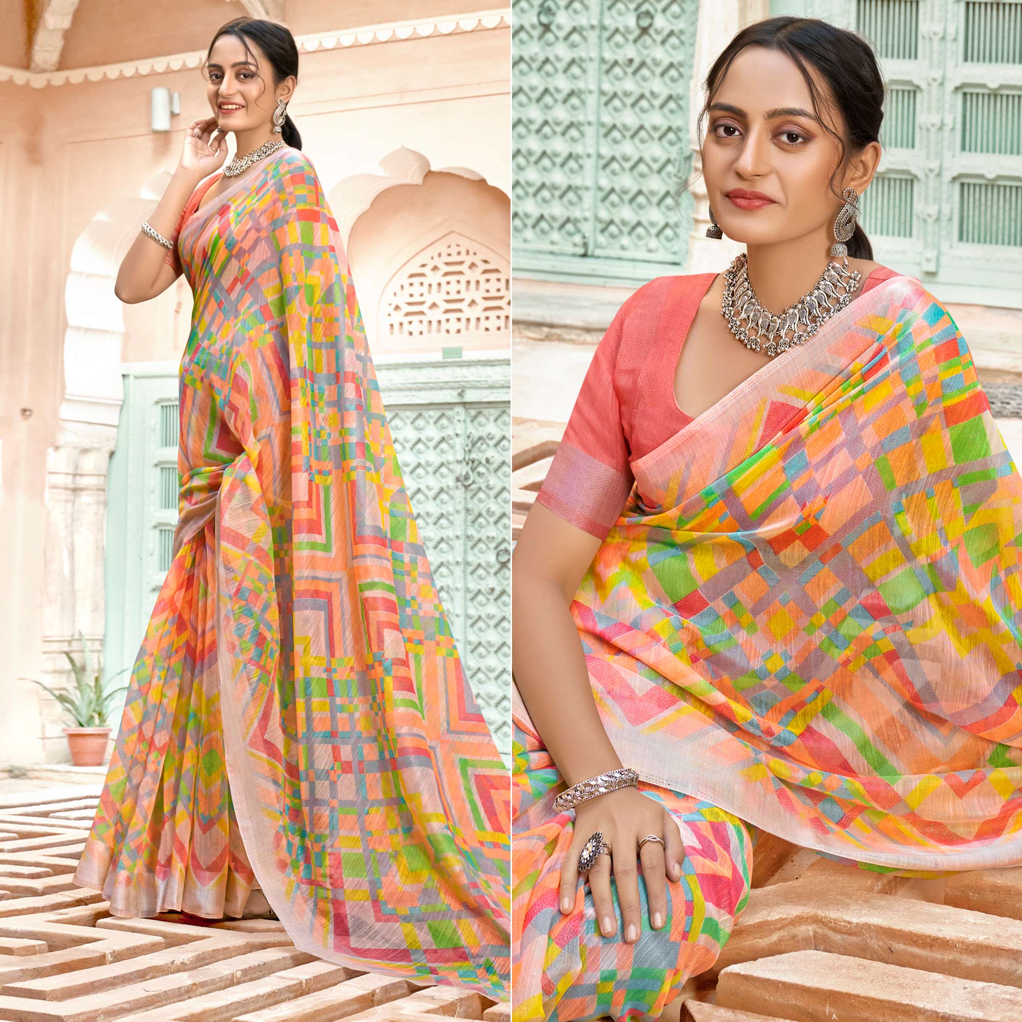 Peach Printed Cotton Blend Saree