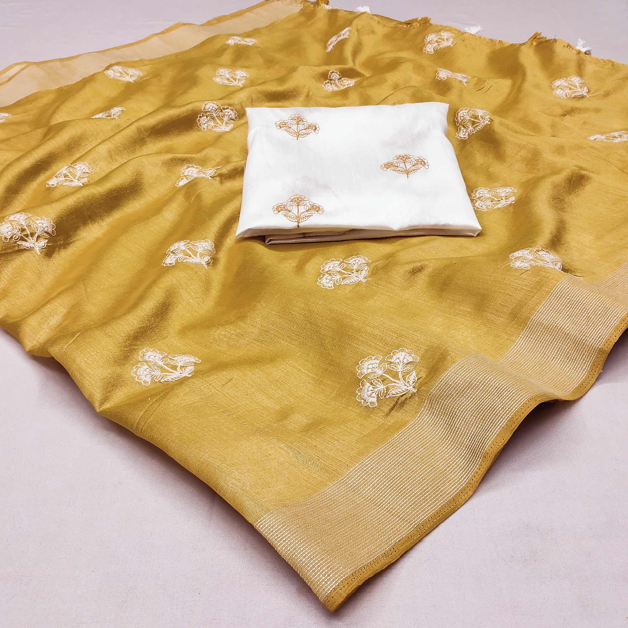 Yellow Floral Embroidered Raw Silk Saree
