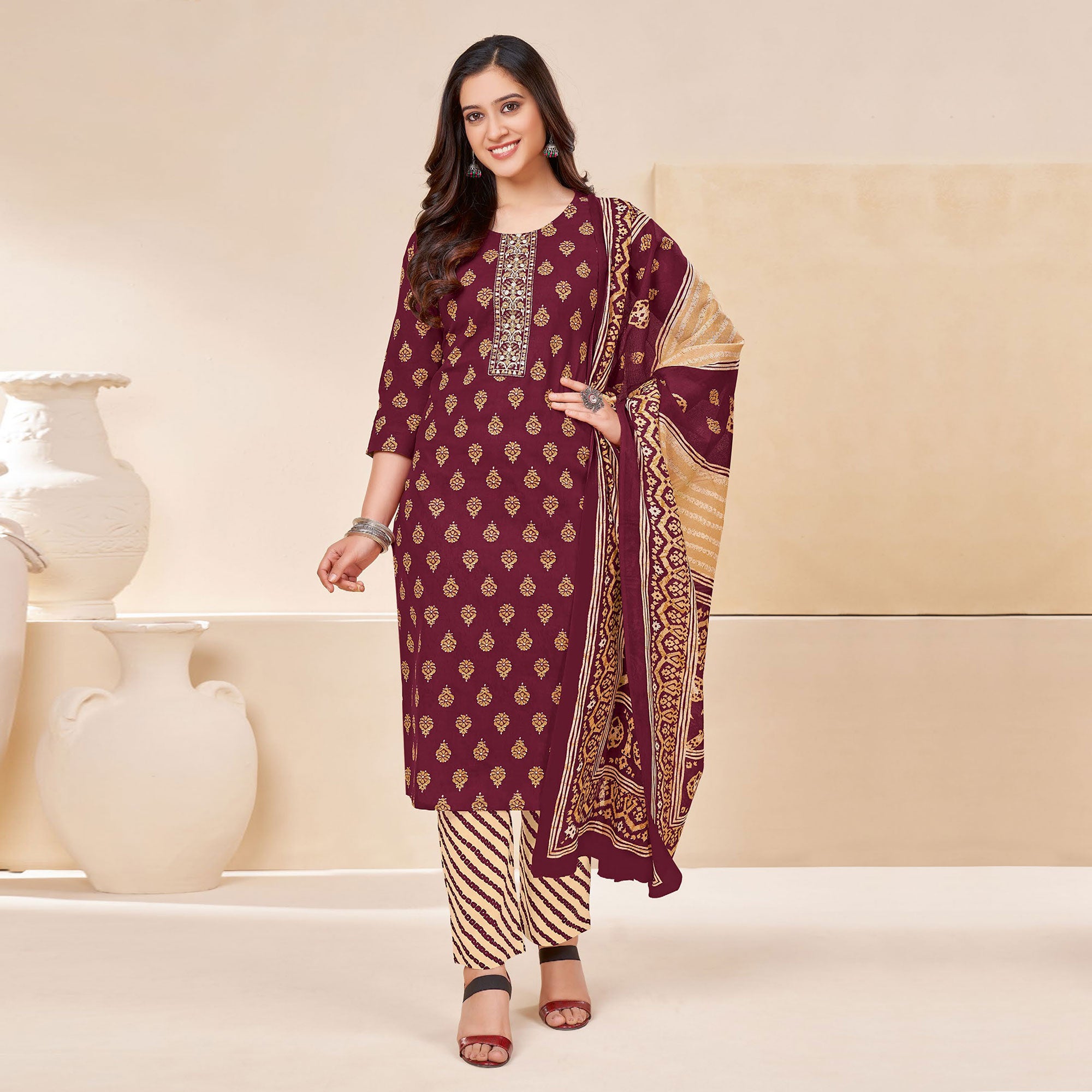 Wine Printed With Tie Embroidered Pure Cotton Suit