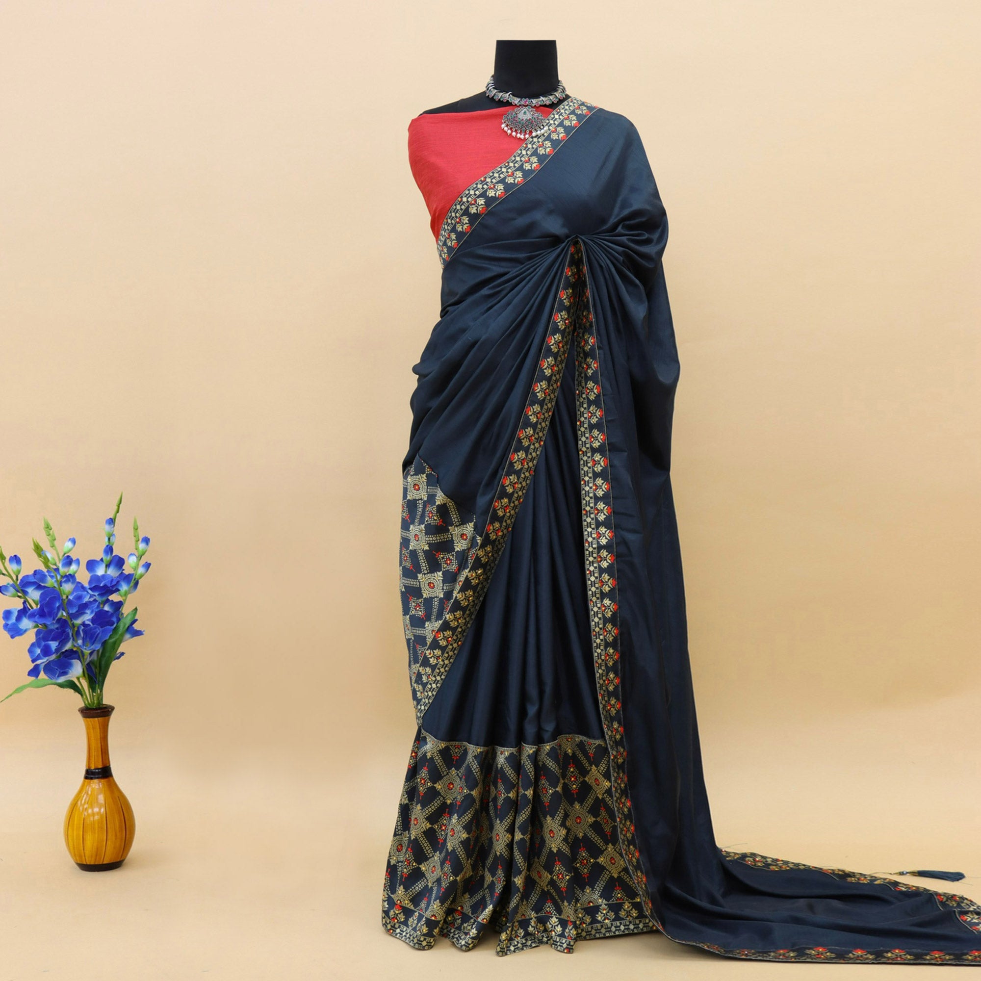 Navy Blue Woven With Stone Work Art Silk Saree