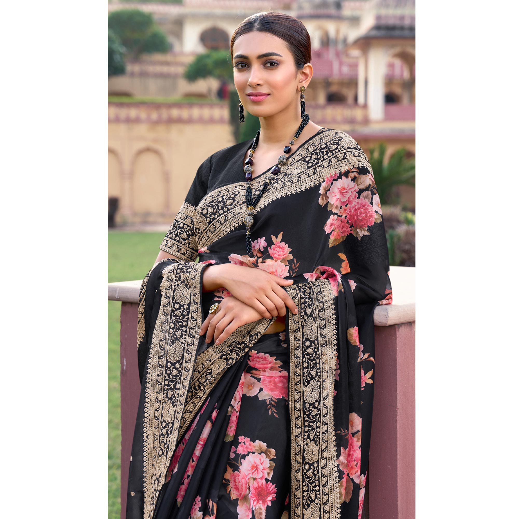 Black Floral Printed With Embroidered Organza Saree