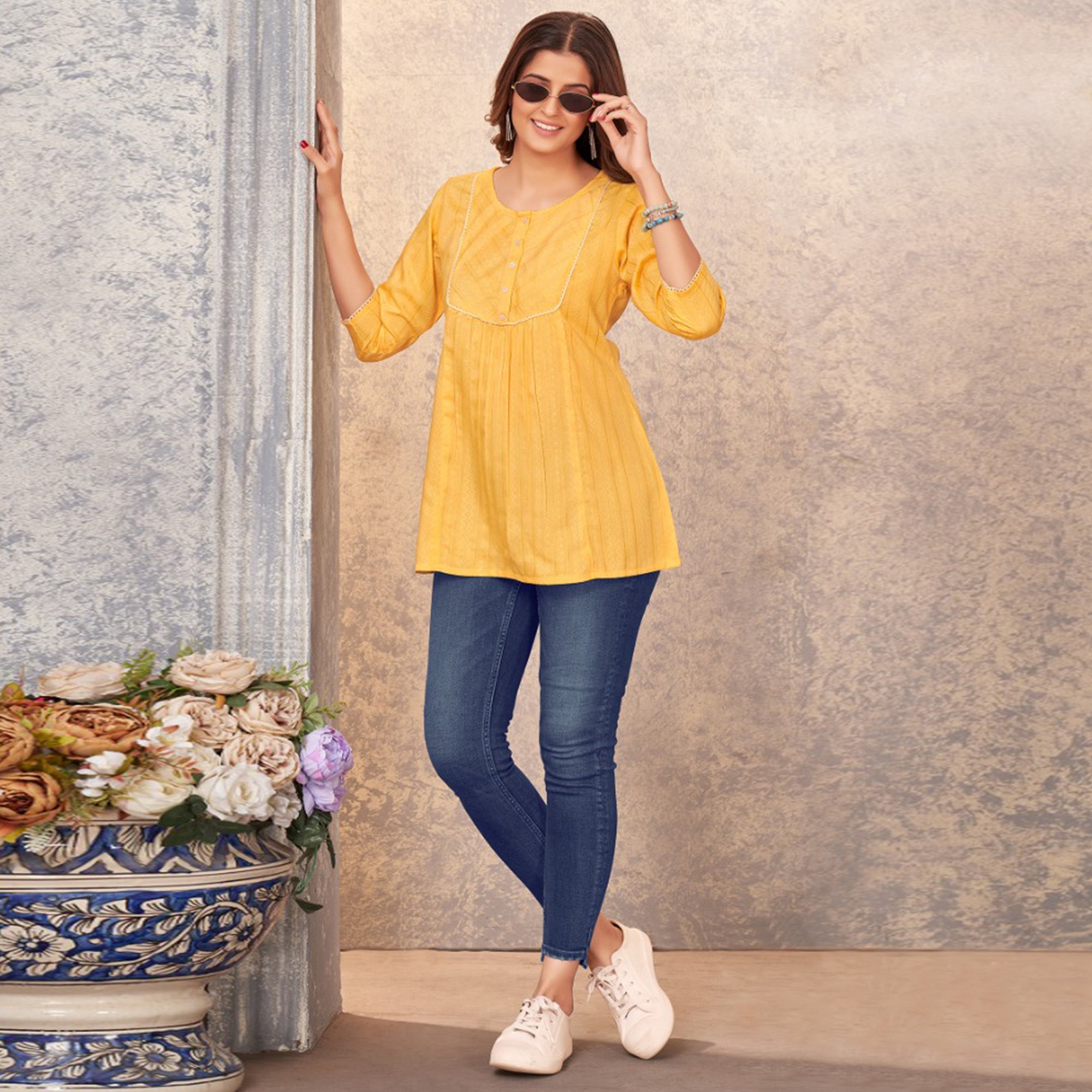 Yellow Embroidered Cotton Silk Top