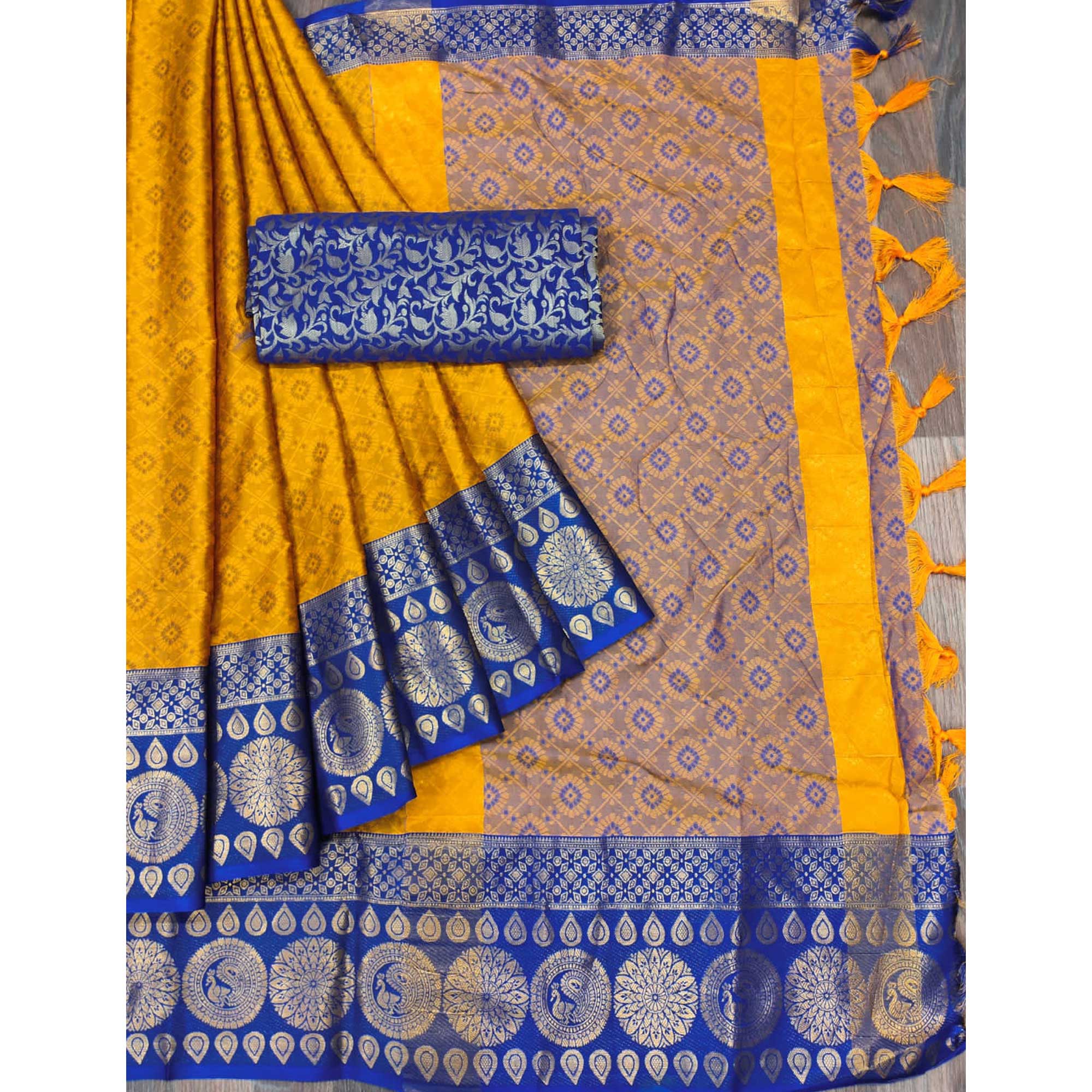 Golden Woven Cotton Silk Saree With Tassels