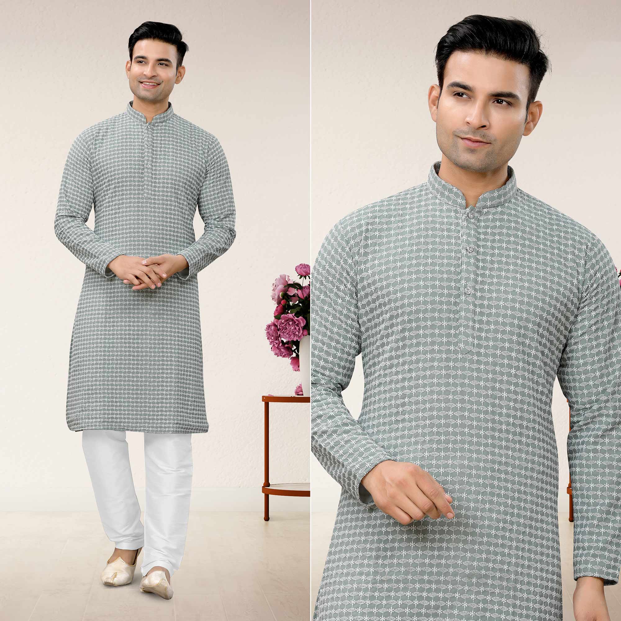 Grey Lucknowi Embroidered Georgette Kurta Pyjama Set