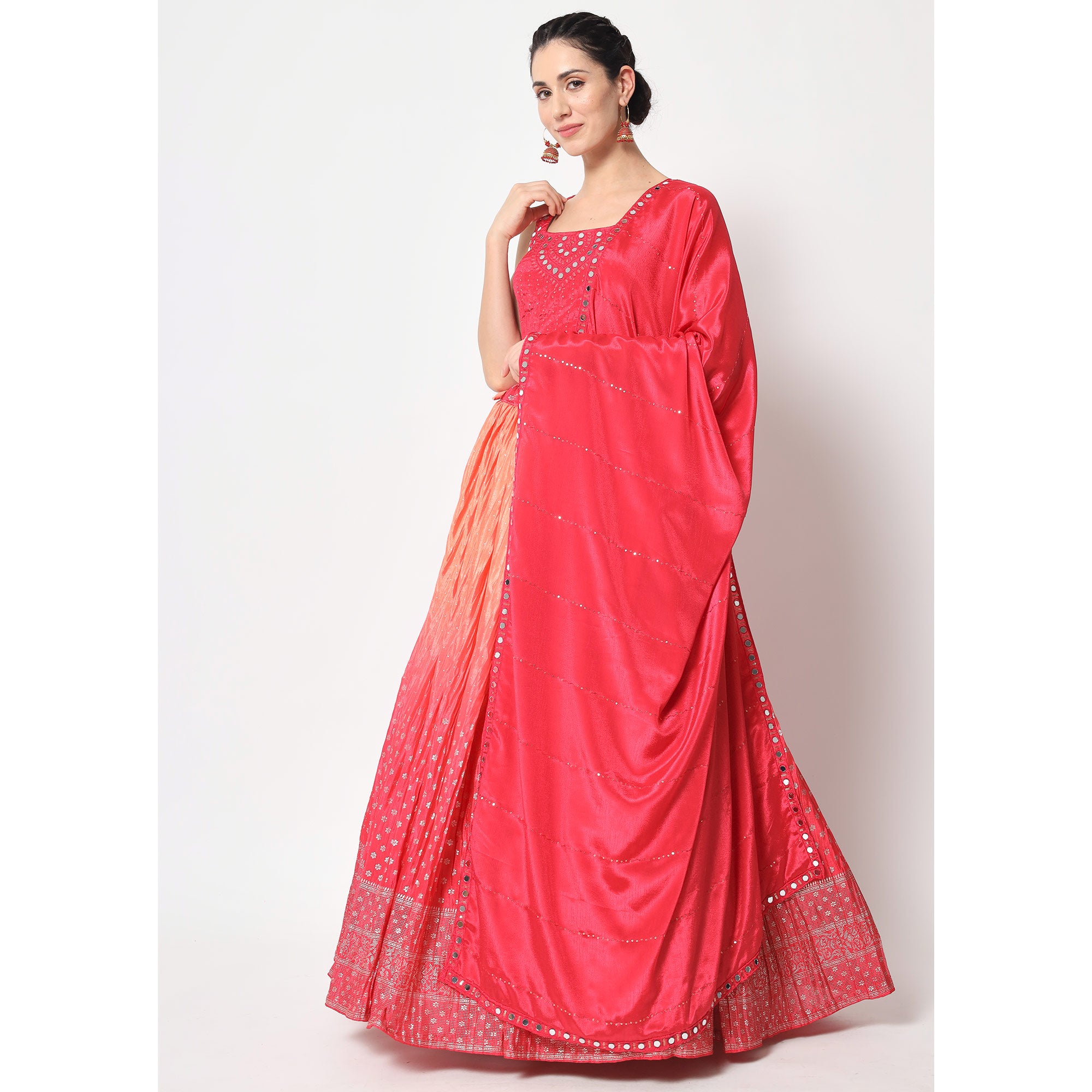 Peach & Pink Foil Printed Chiffon Lehenga Choli