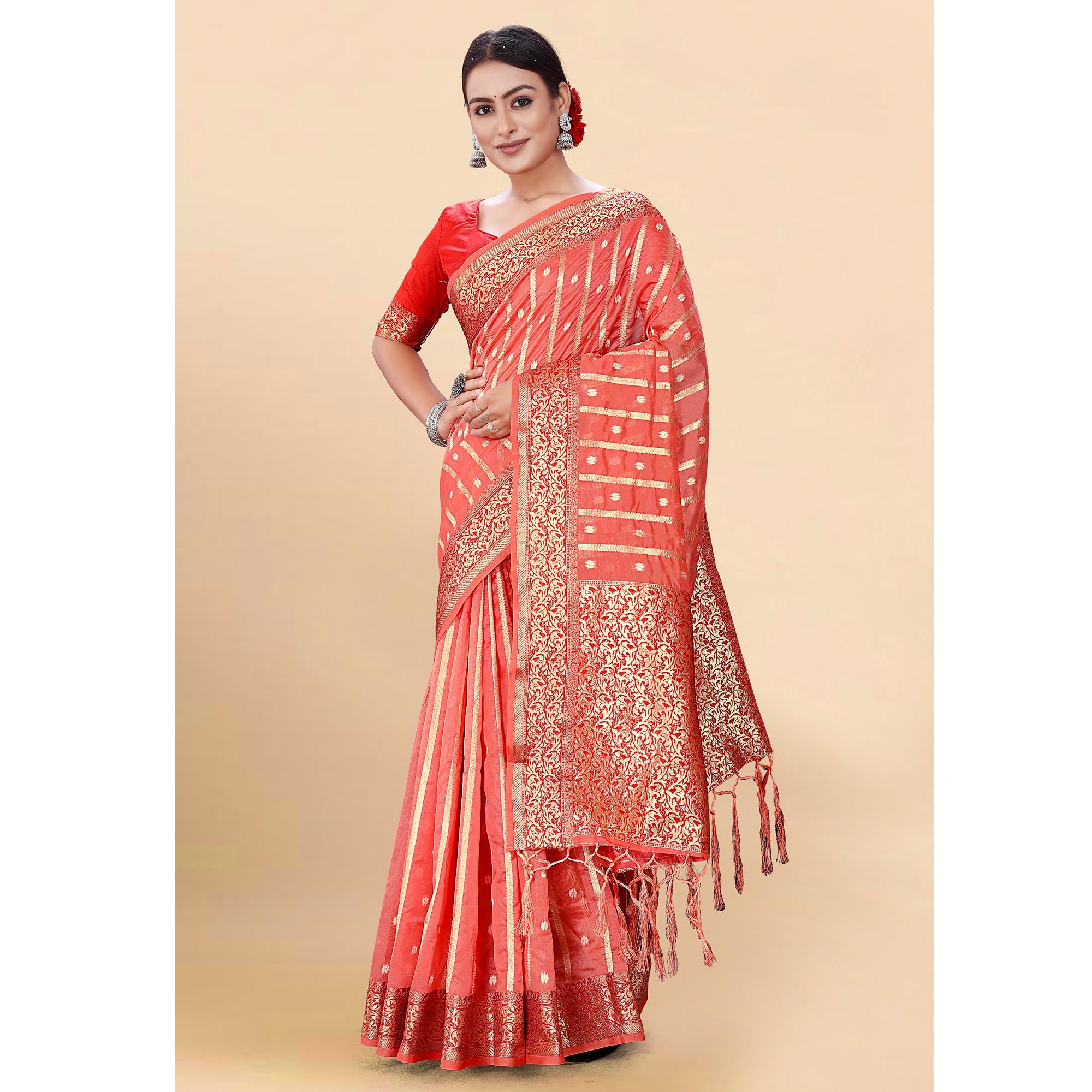Pink Woven Organza Saree With Tassels