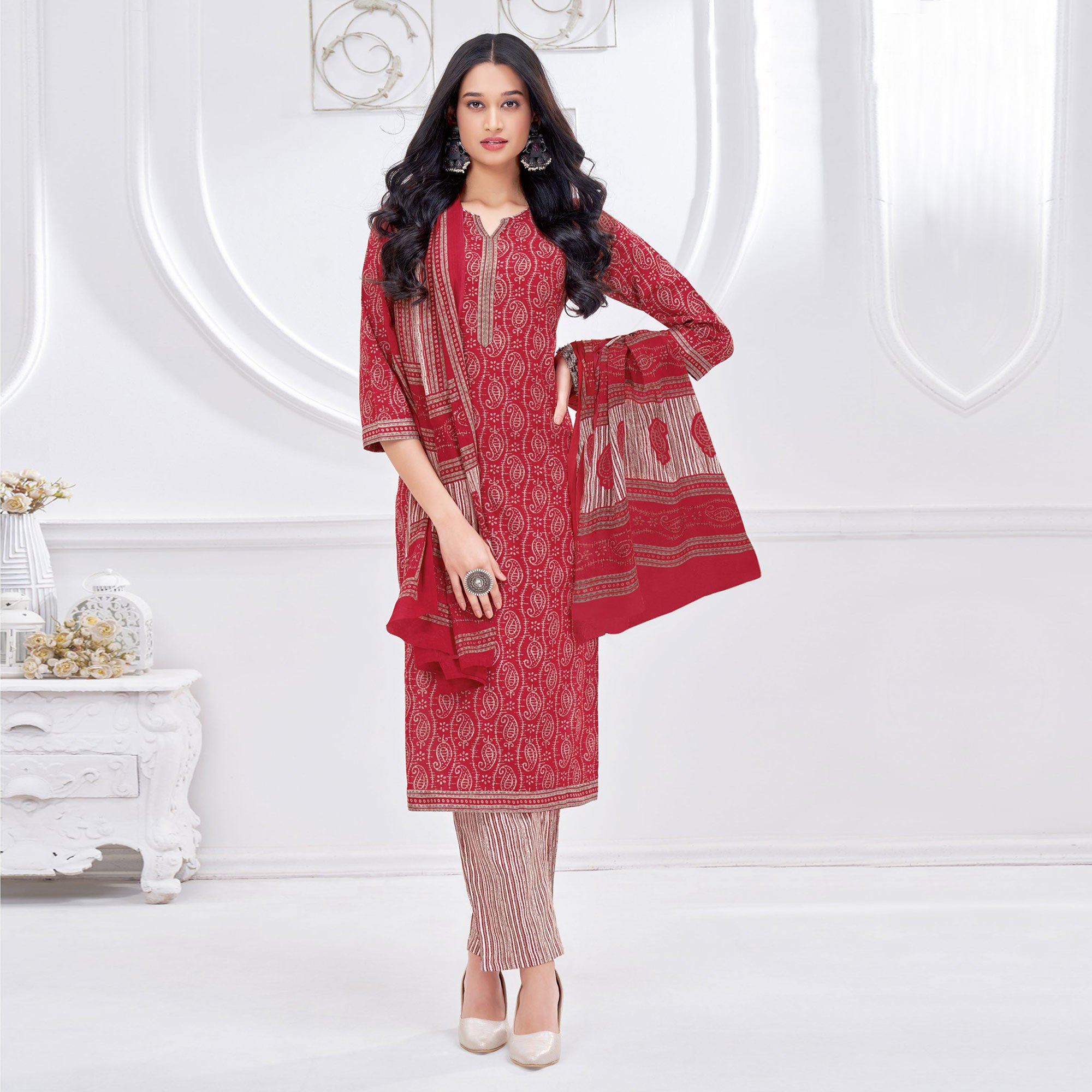 Red Printed Pure Cotton Suit