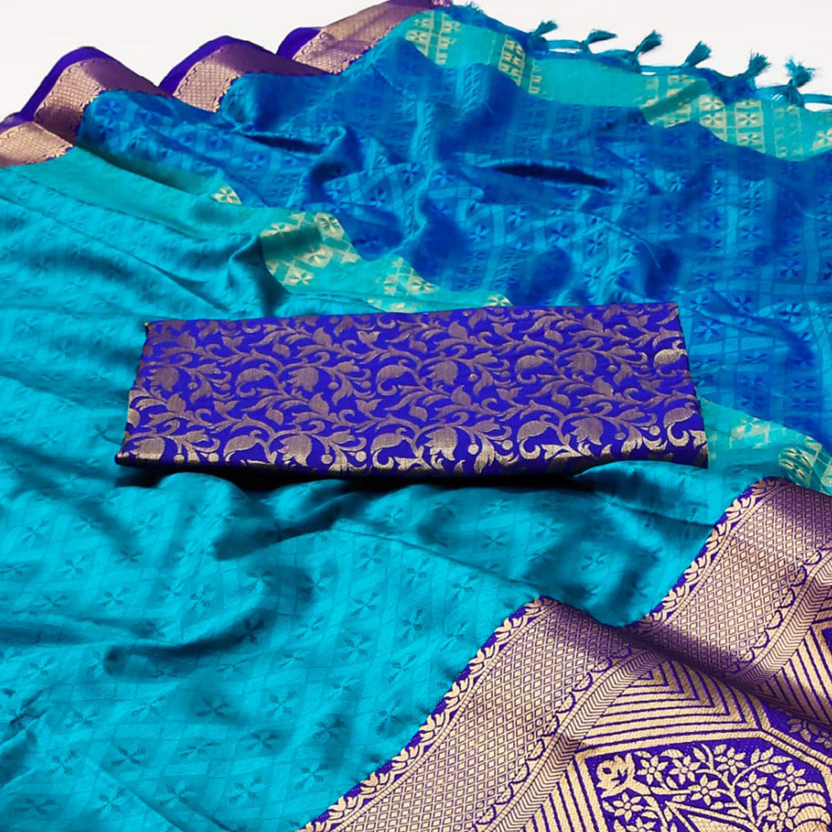 Blue Woven Cotton Silk Saree With Tassels
