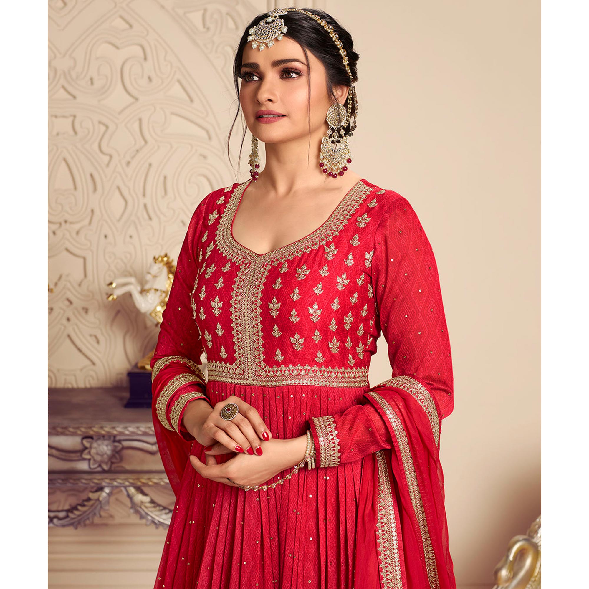 Red Printed With Embroidered Chiffon Gown
