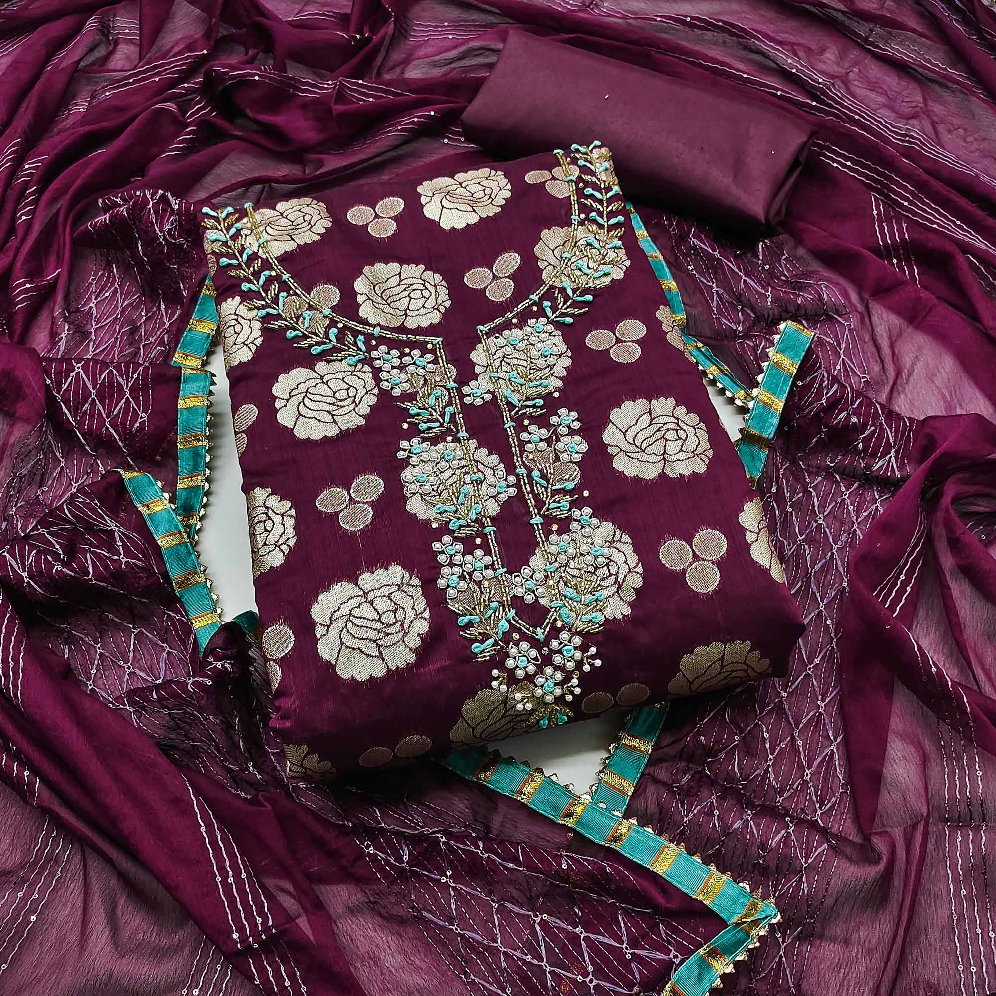Wine Woven Banarasi Silk Dress Material