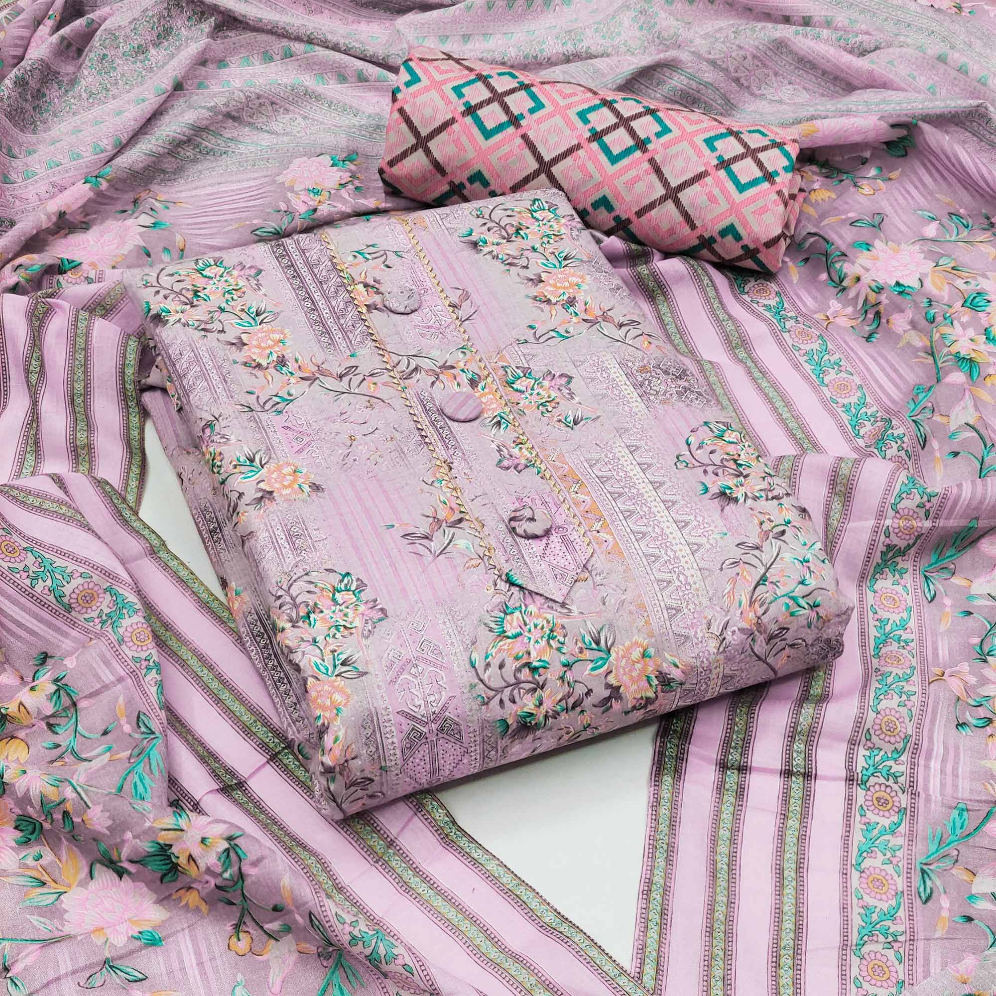 Pink Floral Printed Cotton Blend Dress Material