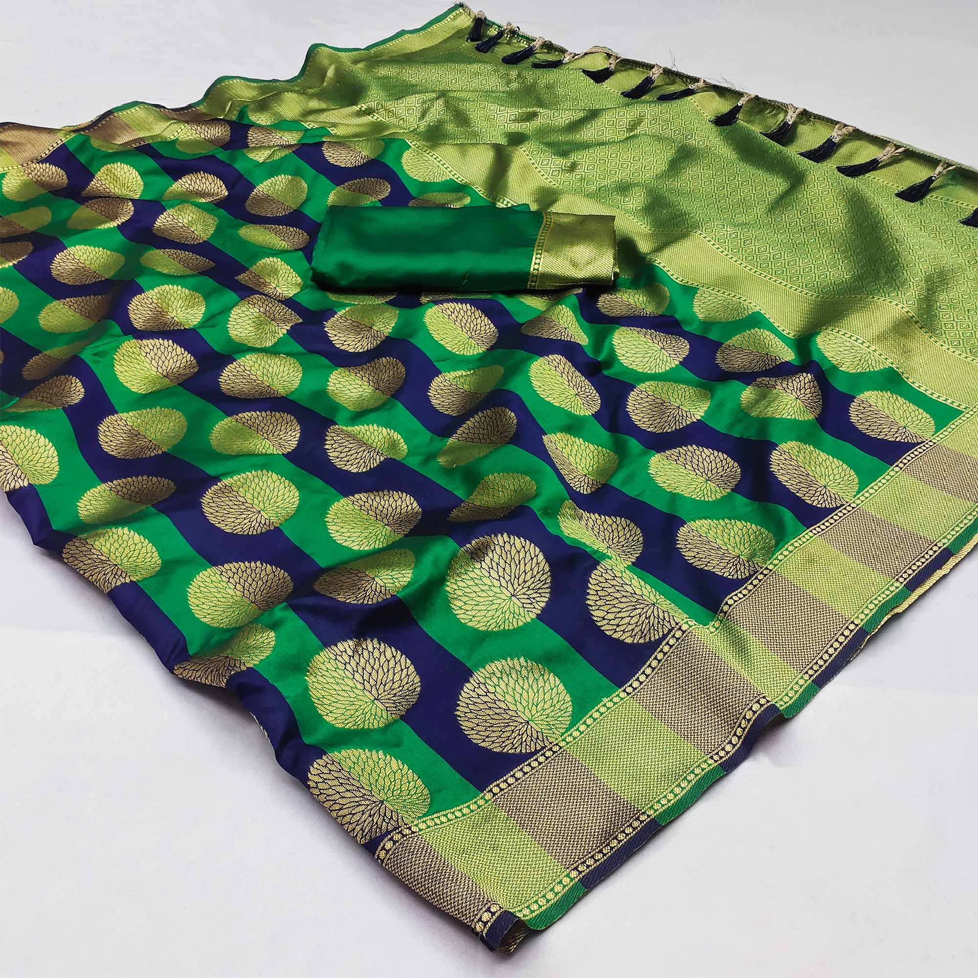 Green And Blue Woven Jacquard Saree With Tassels