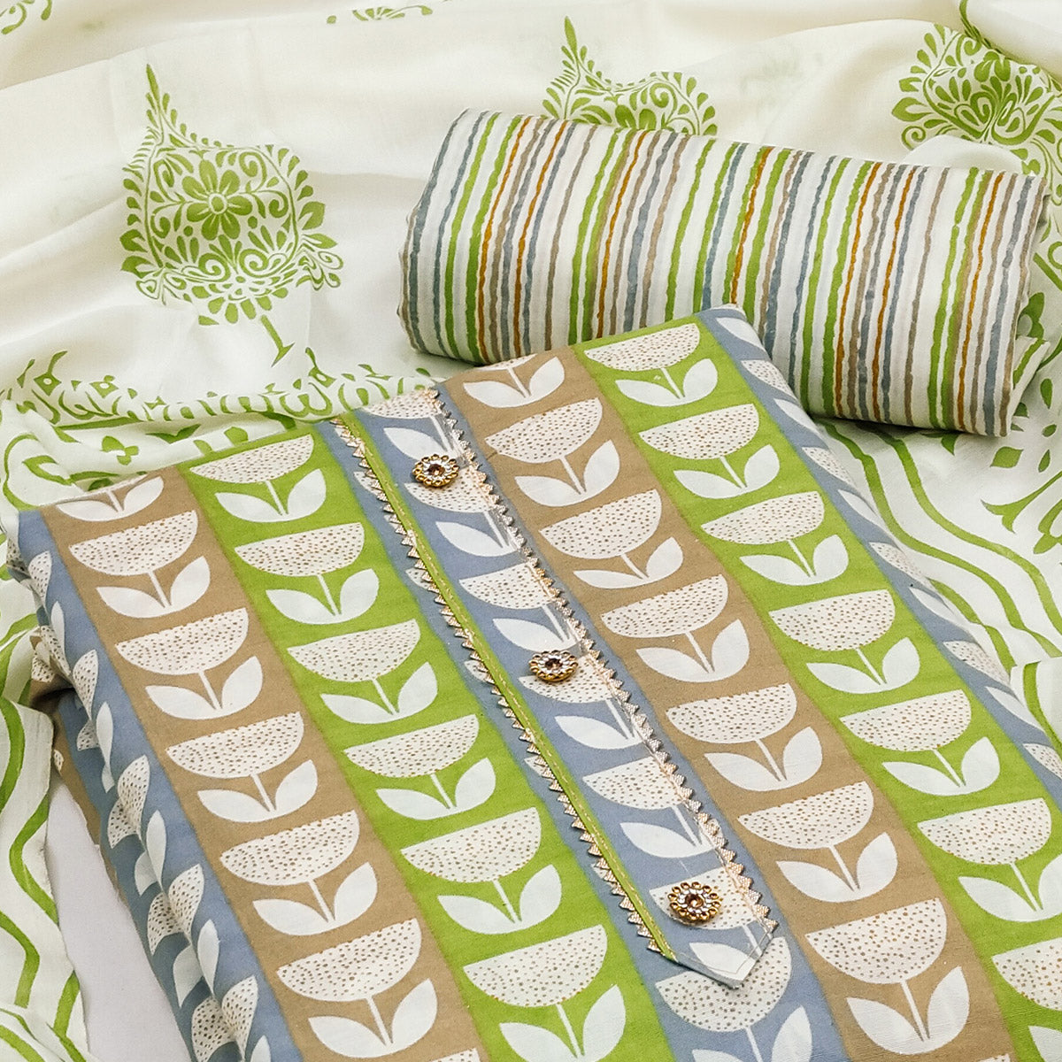 Green Printed Cotton Blend Dress Material