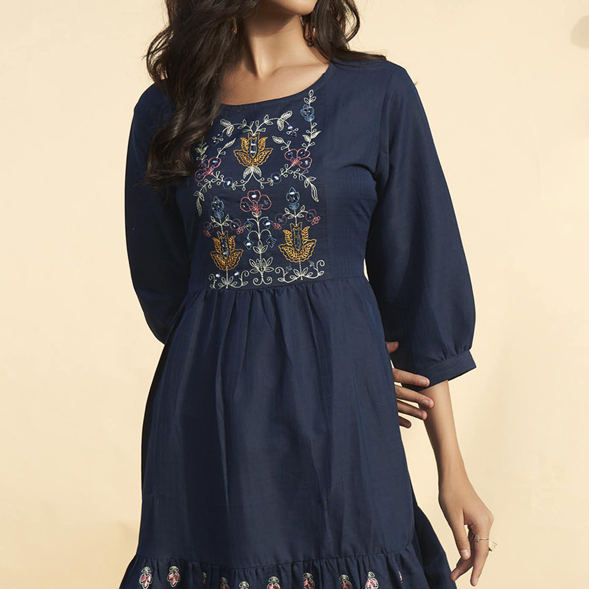 Navy Blue Embroidered Rayon Short Dress