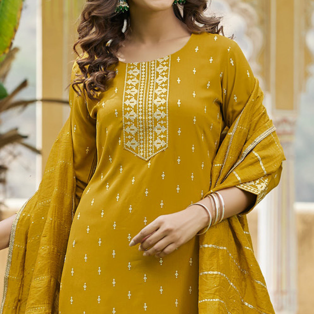 Mustard Embroidered Cotton Salwar Suit