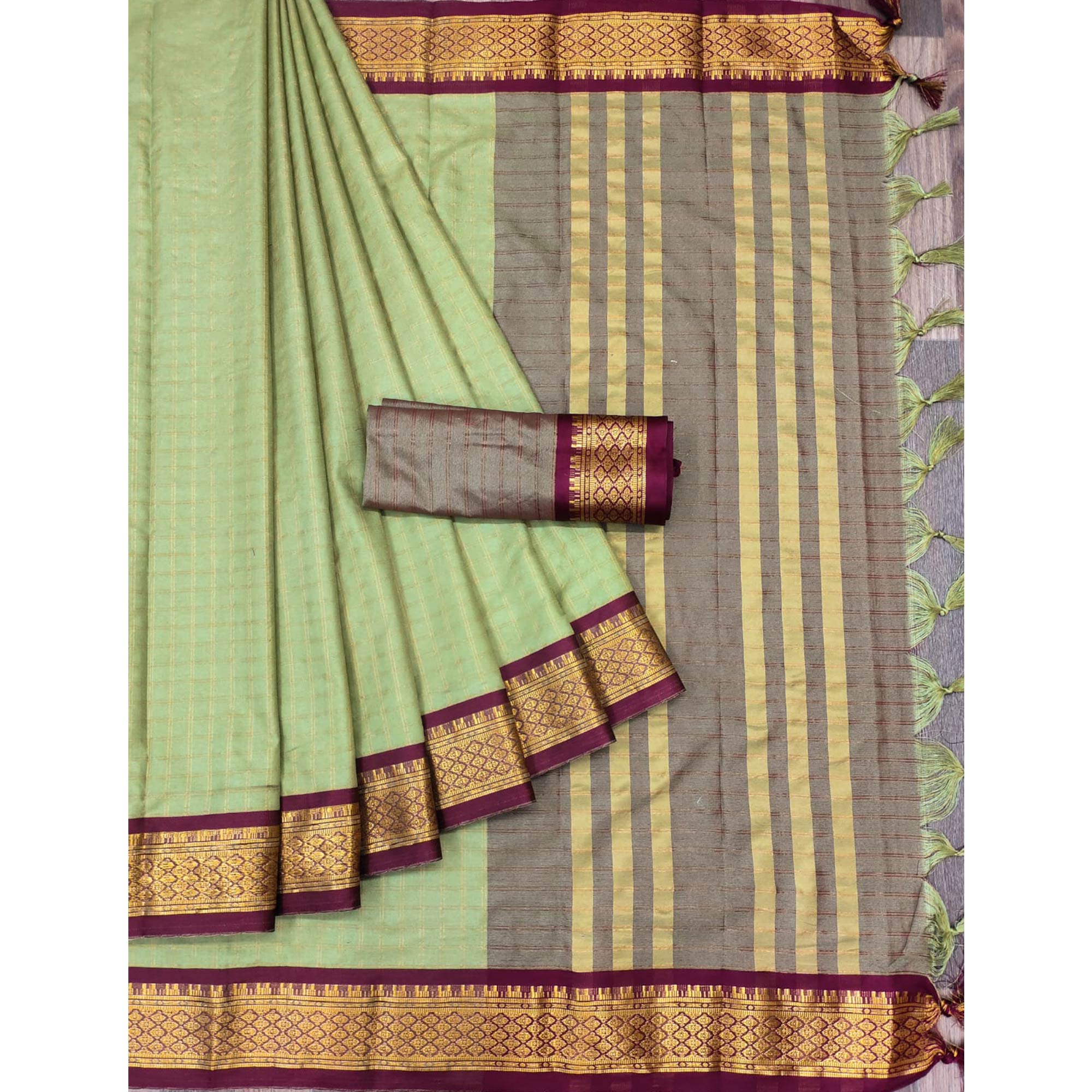 Olive Green Checks With Woven Border Cotton Silk Saree