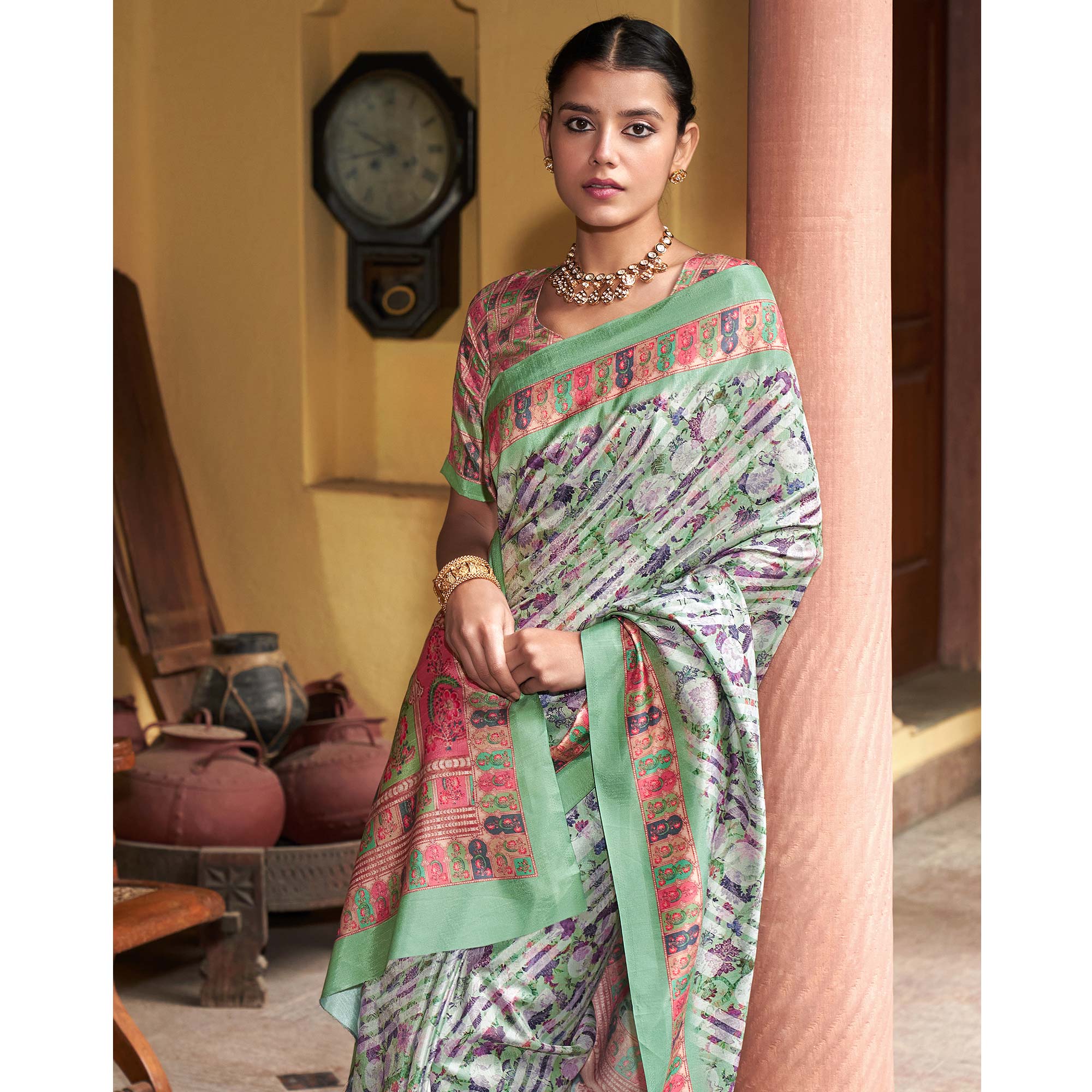 Green Digital Printed Satin Saree